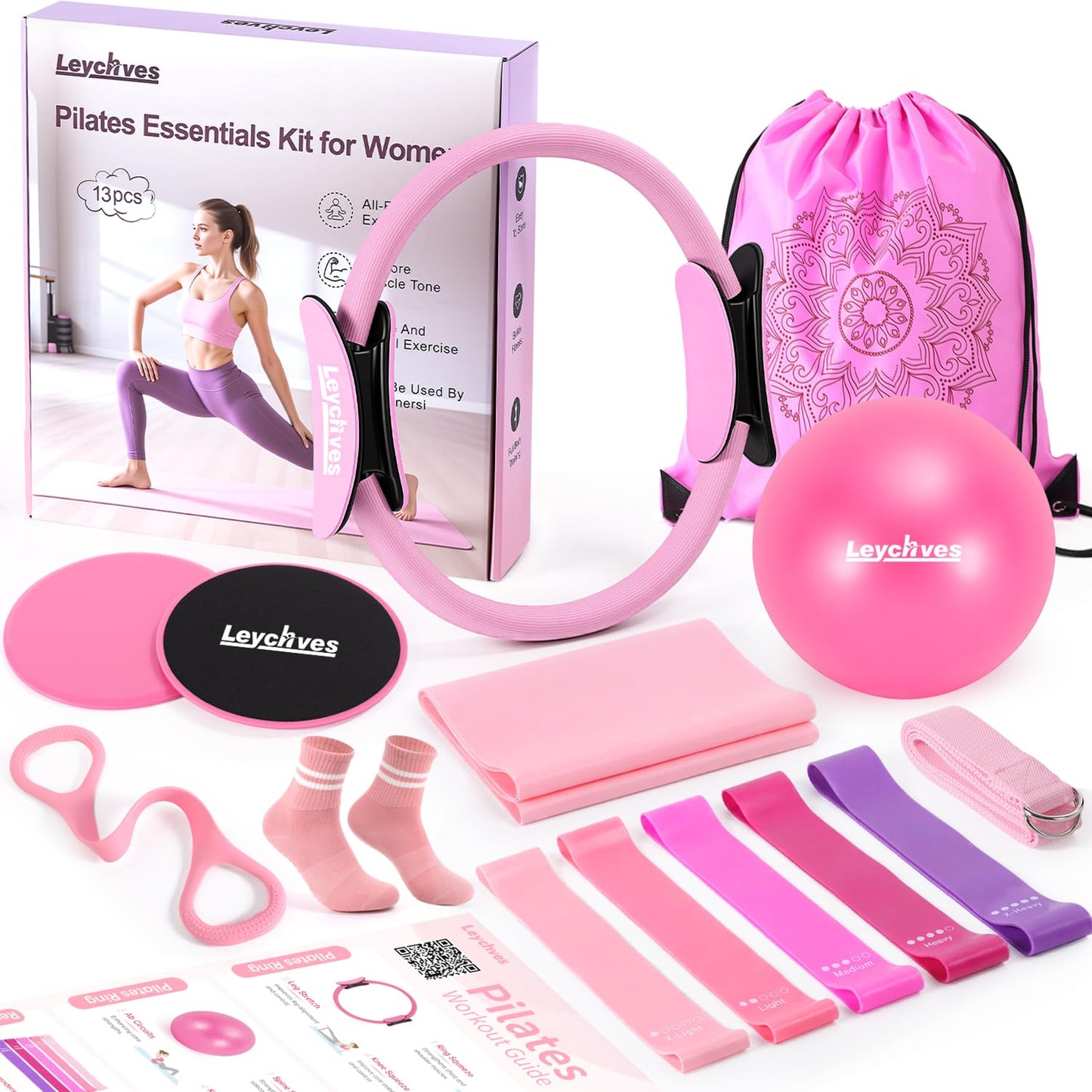 Home Pilates Kit for Petite Women, Pilates Equipment Ring and Ball Set 12'' Magic Circle, Mini Ball, Resistance Bands, Workout Guide for Essentials Starter Kit for Beginners, Strength, Toning