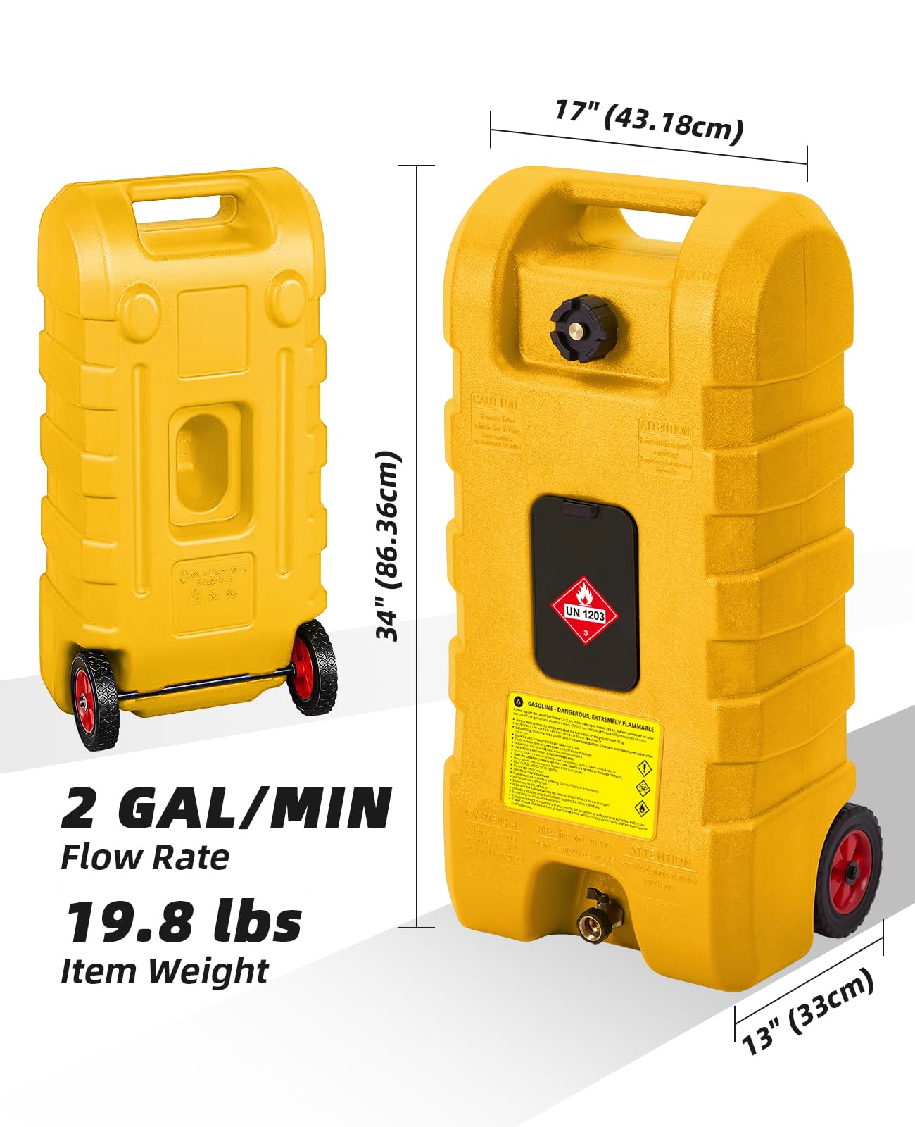 15 Gallon Portable Fuel Tank Caddy with Manual Transfer Pump – Heavy-Duty Gas Storage Toolbox – 10FT Hose – Leak-Proof, Mobile Fuel Container for Cars, Boats, Lawn Mowers, ATVs – Yellow