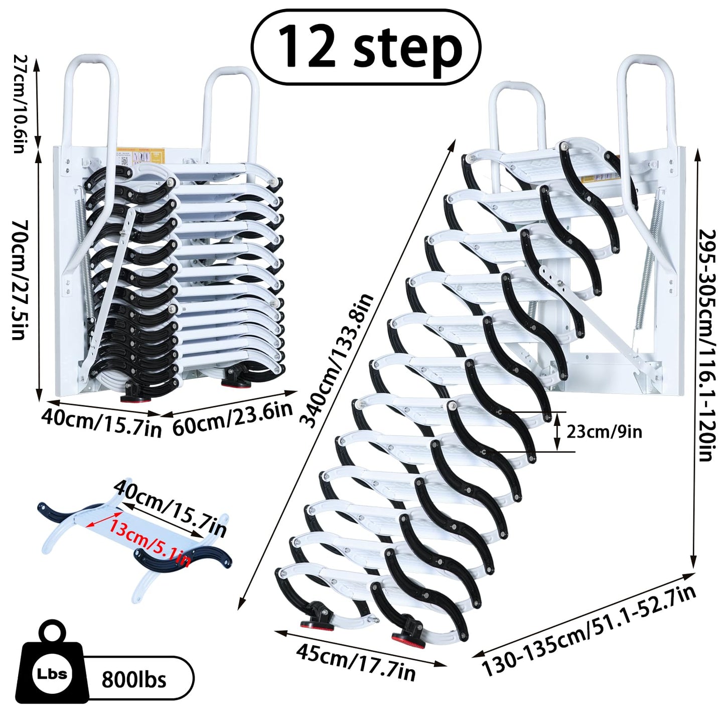 Wall-Mounted Attic Stairs, Attic Ladder Pull Down System, 12 Steps Retractable Loft Ladder, Folding Extension Attic Staircase for Garages Attics Telescoping Ladder, Roof (Black-White, 12 Steps)