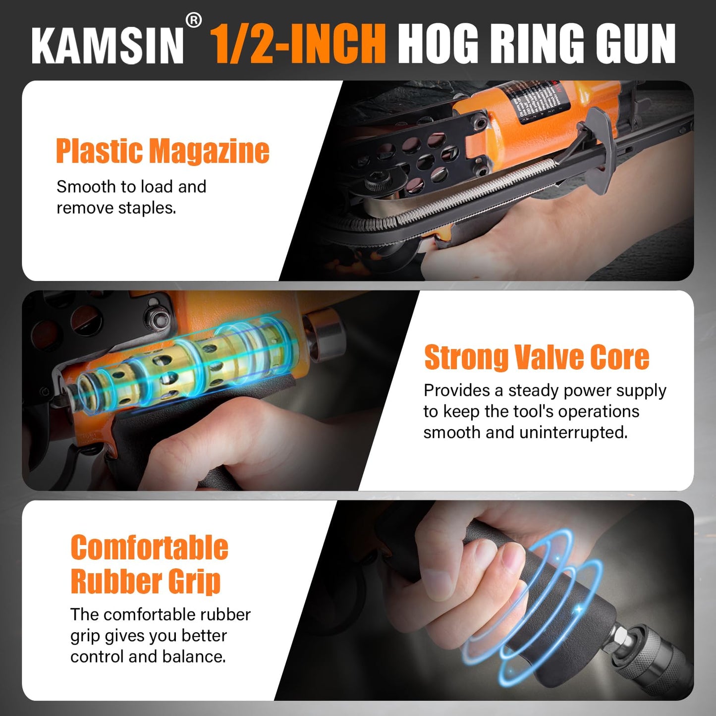 Combination of Kamsin K-SC760 16 Gauge Pneumatic C Ring Gun Kit and 1/2-Inch Crown 18,000pcs Galvanized Hog Ring Staples