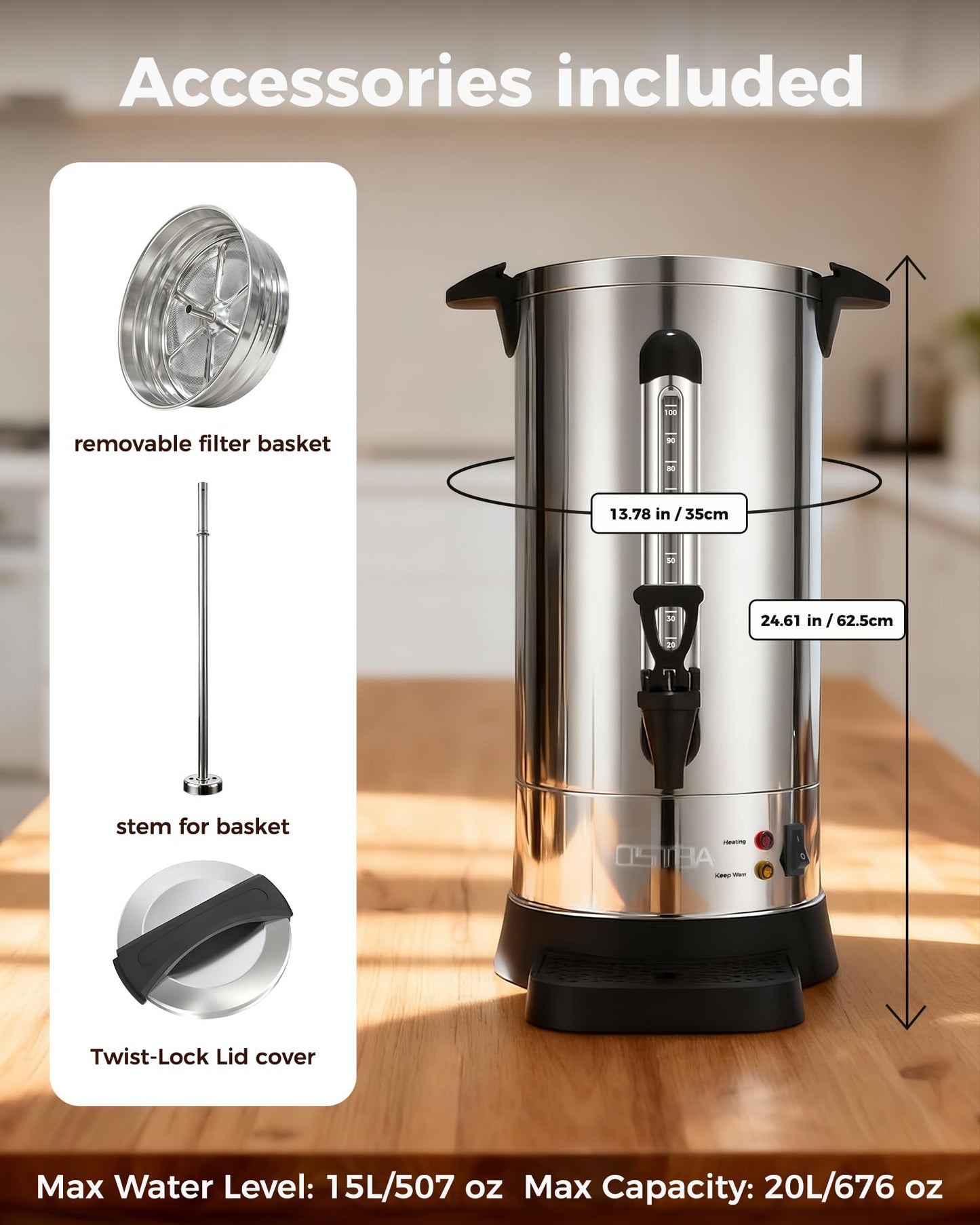 OSTBA 1500W Commercial Coffee Urn 100 Cup / 15L Large Percolator Coffee Pot, 304 Stainless Steel Double-Wall Hot Water Dispenser Electric Coffee Maker Fast Brewing for Catering, Parties & Events