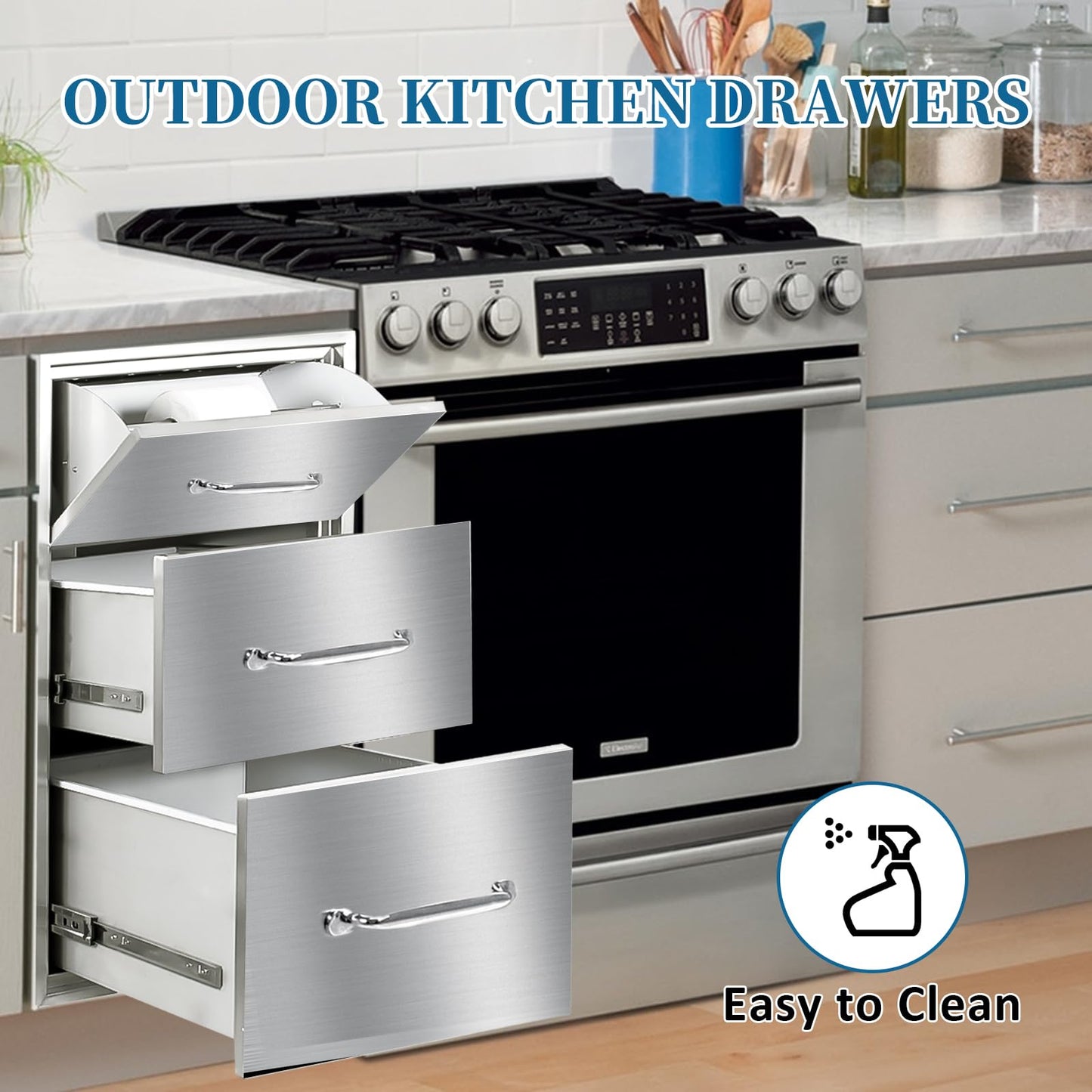 Outdoor Kitchen Drawers with Paper Towel Holder 17"Wx30"Hx20"D Flush Mount Access 3-Drawer BBQ Stainless Steel Drawers with Handle for Outdoor Kitchen Island or Grill Station
