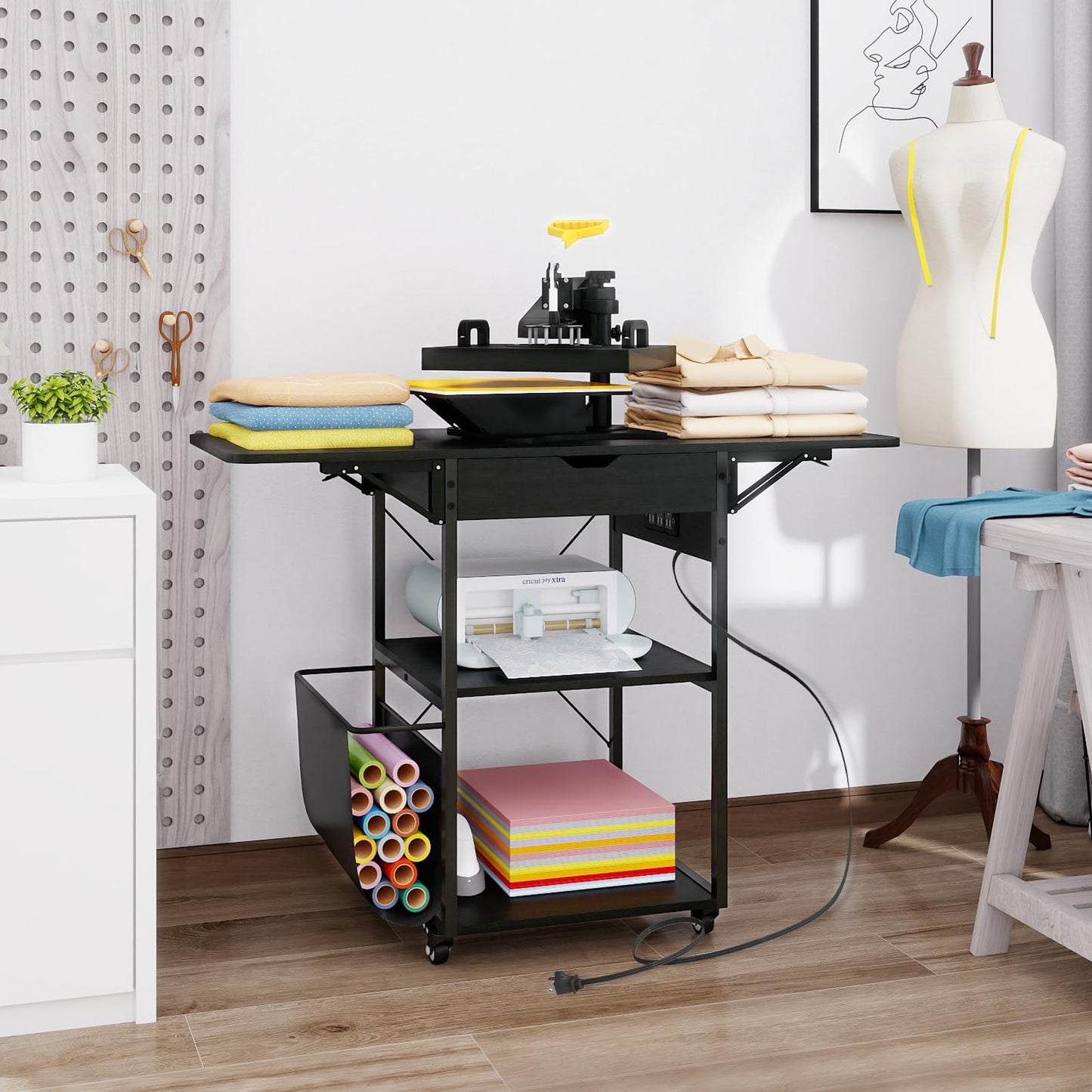PUNCIA Foldable Heat Press Table with Drawers - Heavy Duty Heat Press Stand with Wheels for Easy Mobility Collapsible Heavy Duty Workbench for Sublimation, T-Shirts and Caps Heat Transfer Project