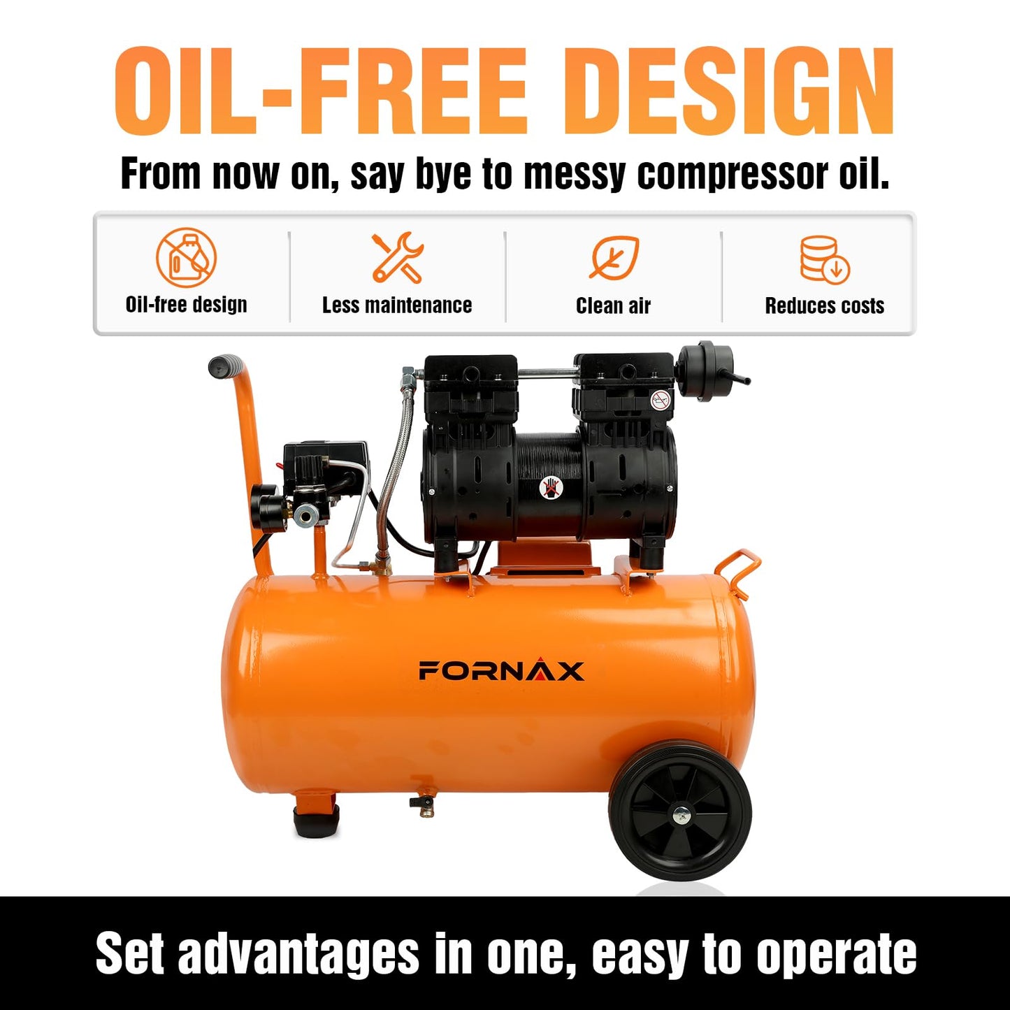 FORNAX 8 Gallon Air Compressor, 1HP 2.2 CFM, Max 125 PSI Oil-Free Air Compressor Tank, 70 dB Ultra Quiet Compressor for Nail Guns, Tire Inflation, and DIY Home Projects