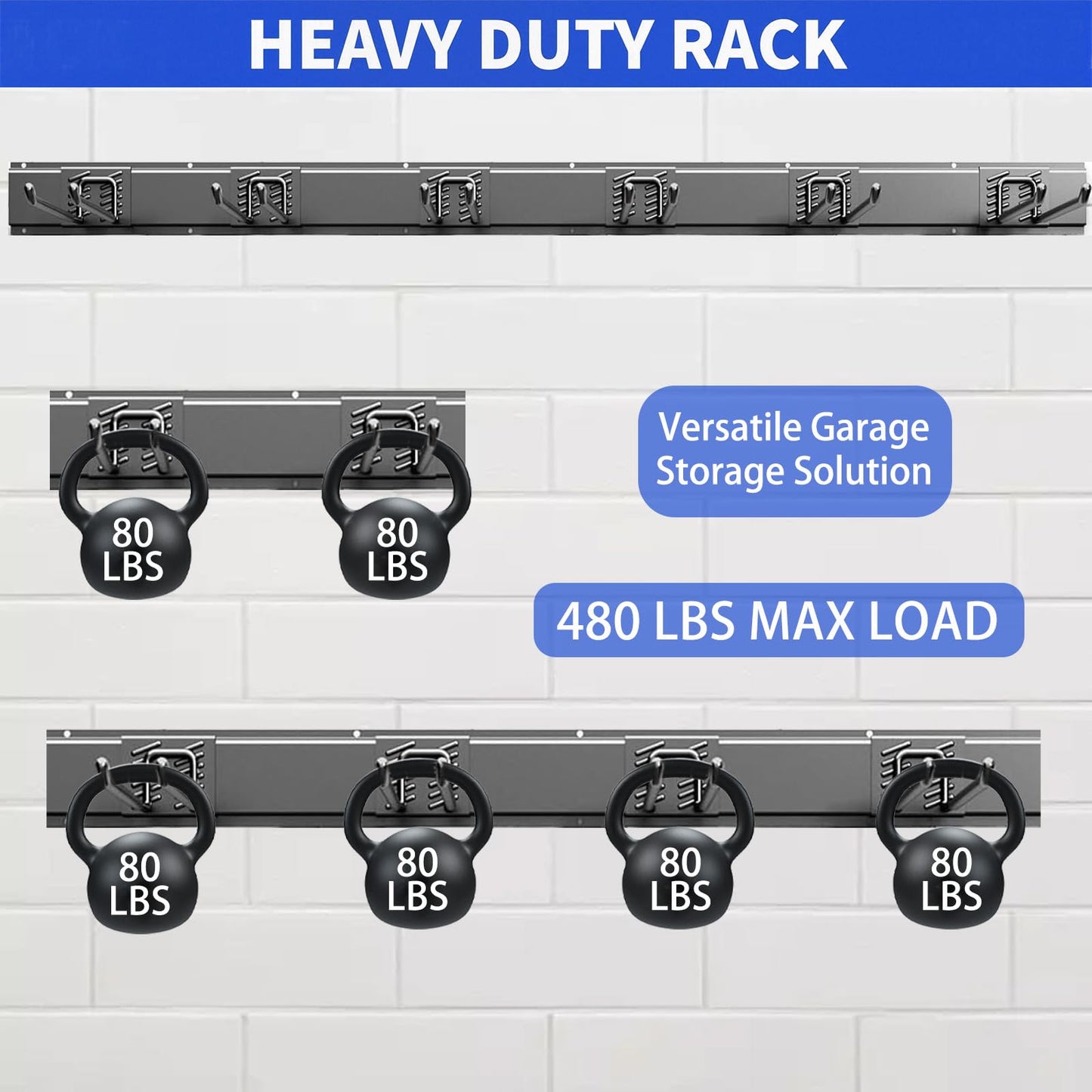 CRXCRC Garage Tool Organizer Wall Mount, 48 Inch Heavy Duty Garden Tool Organizer Storage System, Easy Install with 6 Adjustable Straight Hooks, for Garage, Basement, Shed, Workshop, Black, Steel