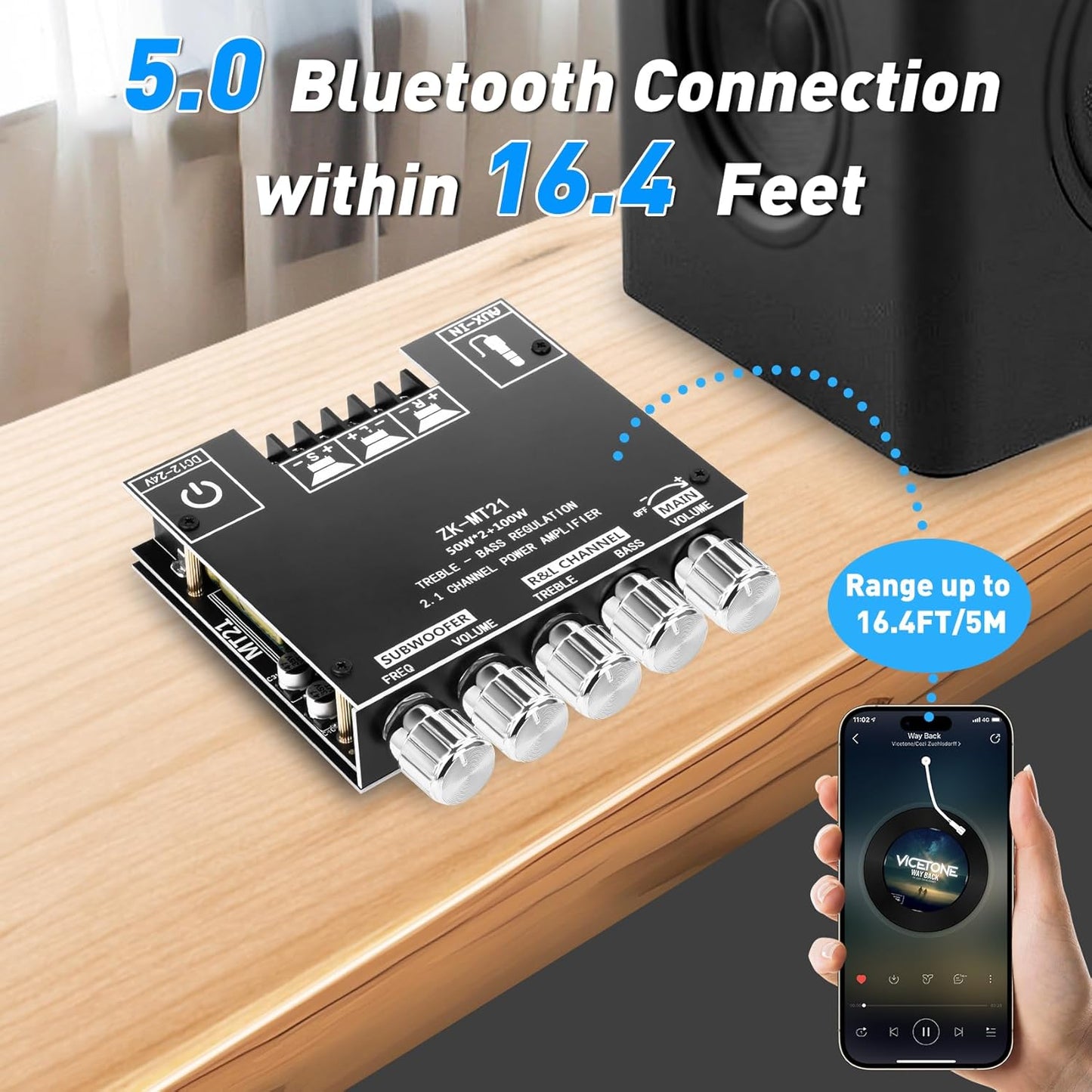 ZK-MT21 Board,50W+50W+100W 2.1 9-24V, Daakro Bluetooth Amplifier Channel Subwoofer Amp Board with Treble/Bass/Sub