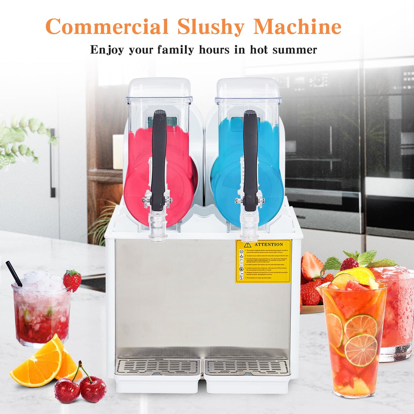 Dual-Tank 8L Frozen Drink, Slushie Maker, 370W Stainless Steel Commercial Machine for Home or Bar, Fast Cooling Margarita Maker with Digital Controls, Food-Safe PC Construction