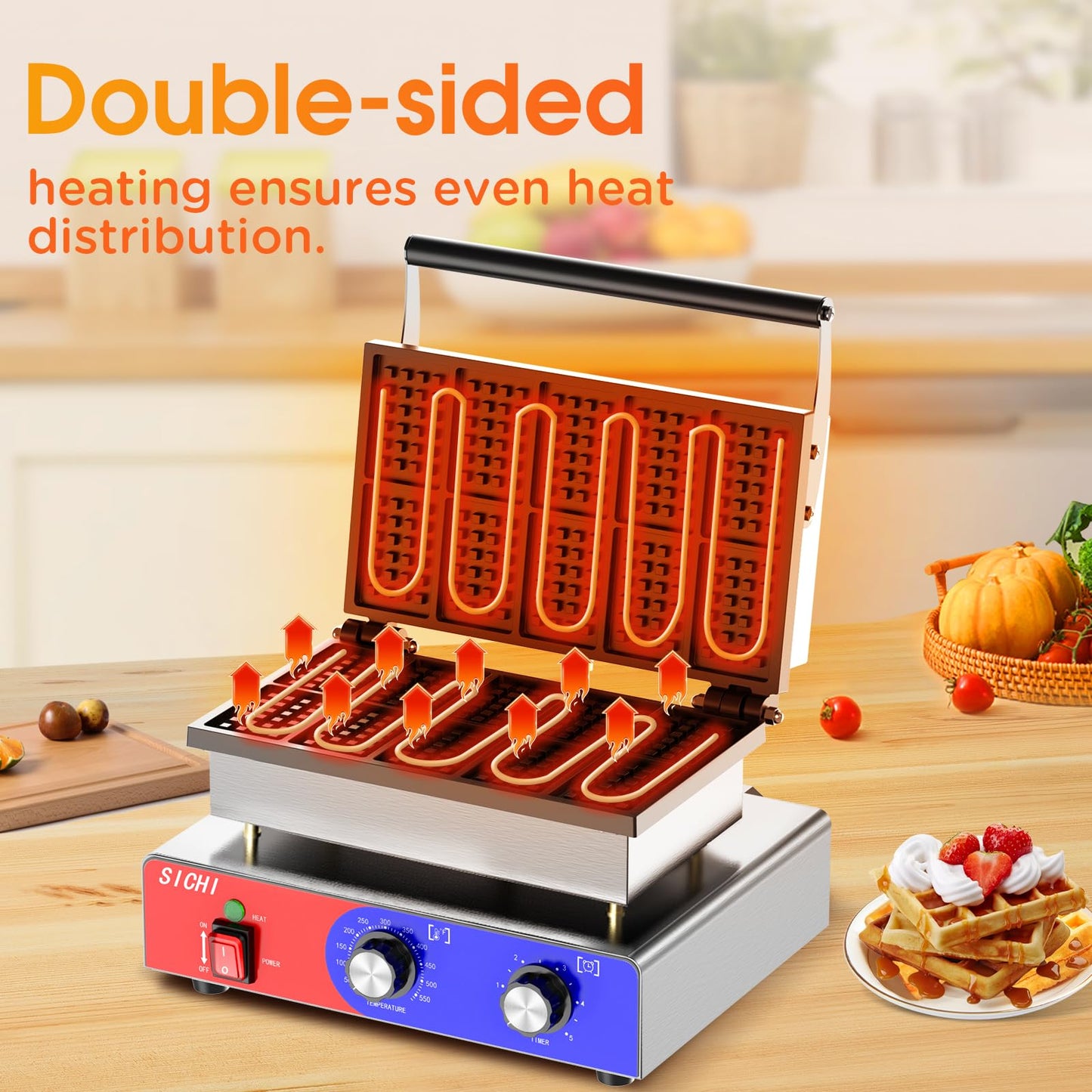 HTTSICHI Square Waffle Maker - Commercial Waffle Iron w/Non-stick Baking Pans, 550 ℉ Temperature and Timers, 1550W Hotel Waffle Machine for Double Baking, Professional Stainless Steel Waffle Maker