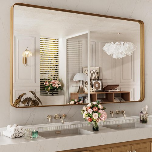 LOAAO Bathroom Mirror - 60X36 Inch Rounded Rectangle with Wood Grain Metal Frame | Anti-Rust, Versatile Hanging Options