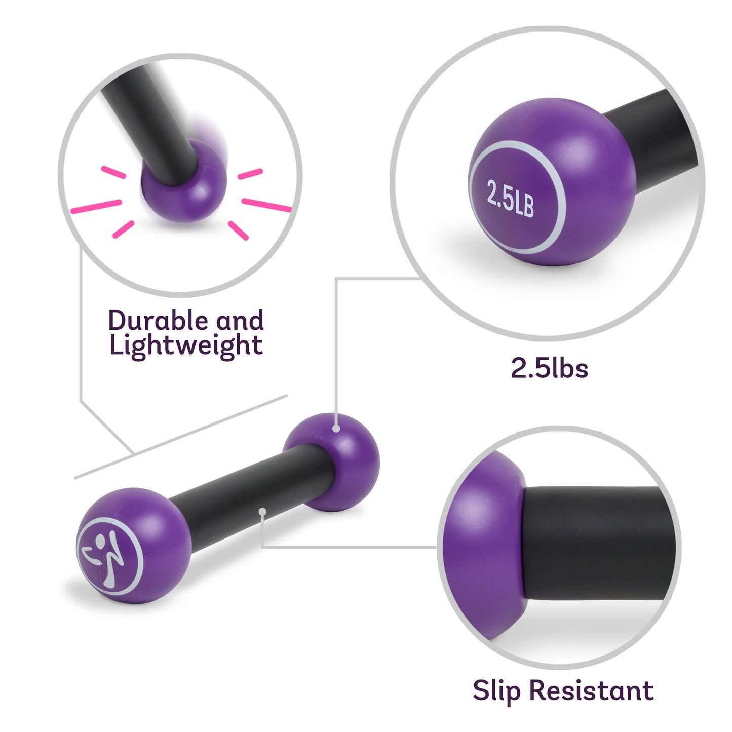 Zumba 2.5 lb Dumbbells Set of 2 - Hand Weights for Women, For Home Fitness Workout Excercise Weights Dumbbells Set, Purple