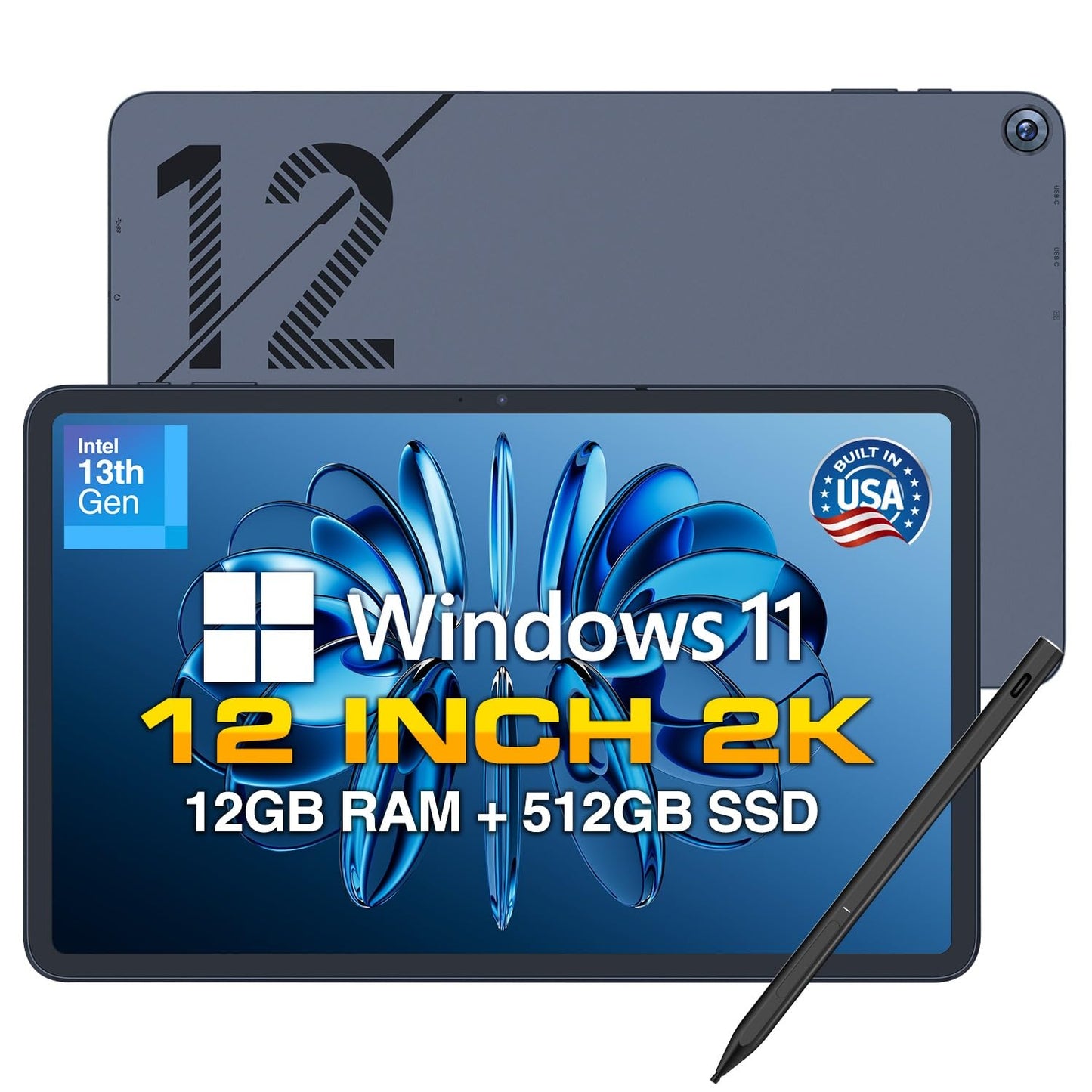 Fusion5 2026 Version 12" 2K Display Windows 11 Tablet PC with Stylus Pen - Built in USA - 12GB DDR5 RAM 512GB SSD, 13th Gen CPU, 12 inch Windows Tablet Computer, Built-in Fan, Fast Charging, Metallic