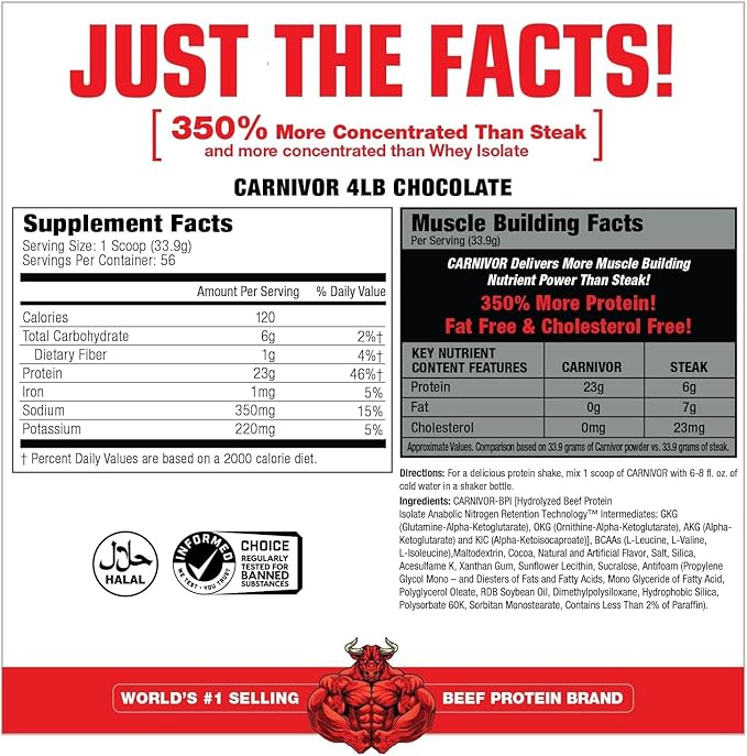 MuscleMeds CARNIVOR Beef Protein Isolate Powder, Muscle Building, Recovery, Lactose Free, Sugar Free, Fat, Free, 23g Protein, Halal Certified, Chocolate, 56 Servings