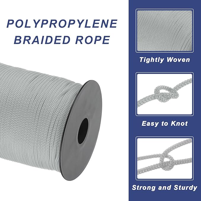 MECCANIXITY 1/8 Inch Polypropylene Rope Braided Ropes, 328ft Nylon Rope Hollow Utility Cord for Clothesline, Camping, Hiking, Outdoor, Light Grey