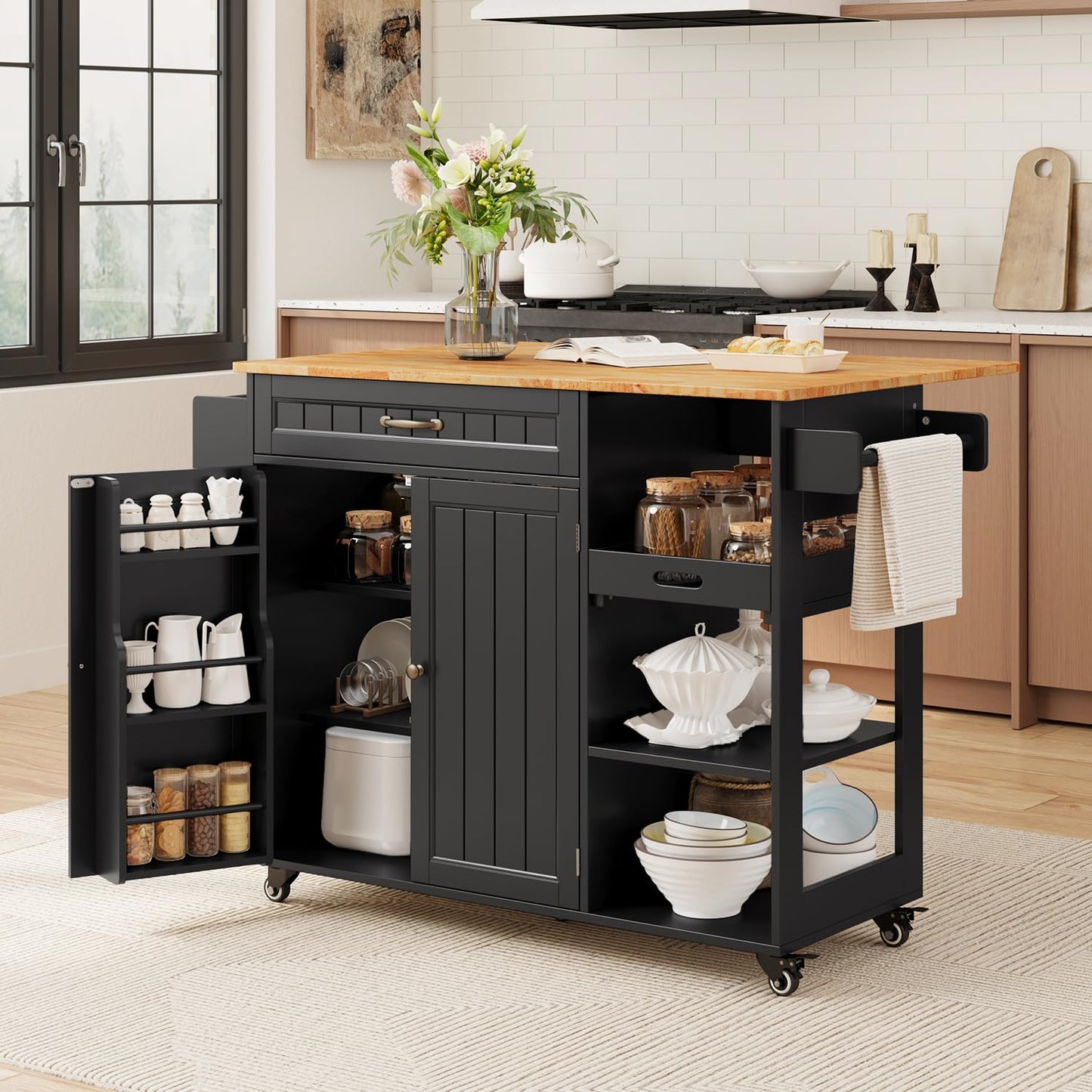 Gizoon Kitchen Island with Storage, Kitchen Island with Drop Leaf, 41.7’’W Rolling Dining Cart, Foldable Countertop, 5 Wheels, Refrigerator Door, Adjustable Shelves, Spice/Towel Rack, Black