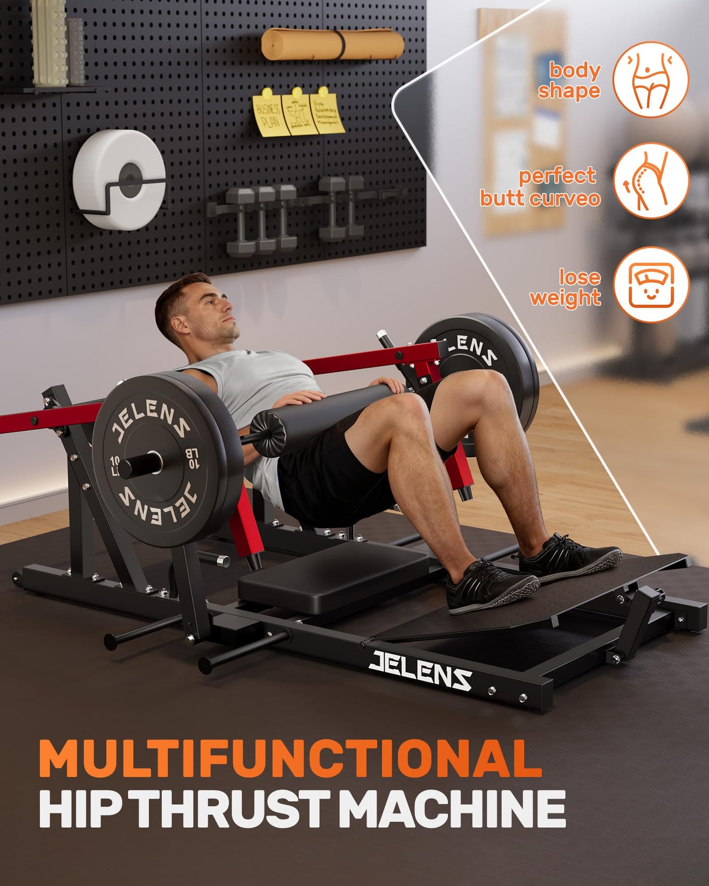 JELENS J-HT10 Hip Thrust Machine, 800LB Glute Bridge Machine with Weight Holder, Heavy Duty Plate-Loaded Butt Workout Equipment, Glute Trainer for Home Gym (Red, Hip Thrust Machine)