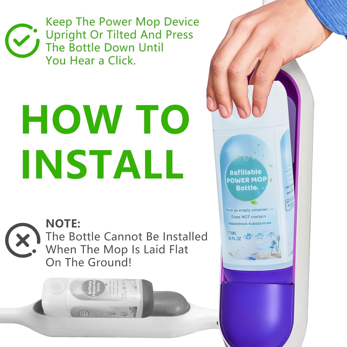 Power Mop Refillable Bottle - 26 FL OZ Leak-Proof HDPE Solution Container with 5 Silicone Gaskets & Funnel