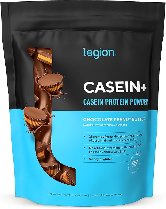 LEGION Casein+ Casein Protein Powder (Chocolate Peanut Butter) - Slow-Release Micellar Protein Powder - Non-GMO, Gluten-Free & Naturally Sweetened Powder from Grass-Fed Cows (25 Servings)