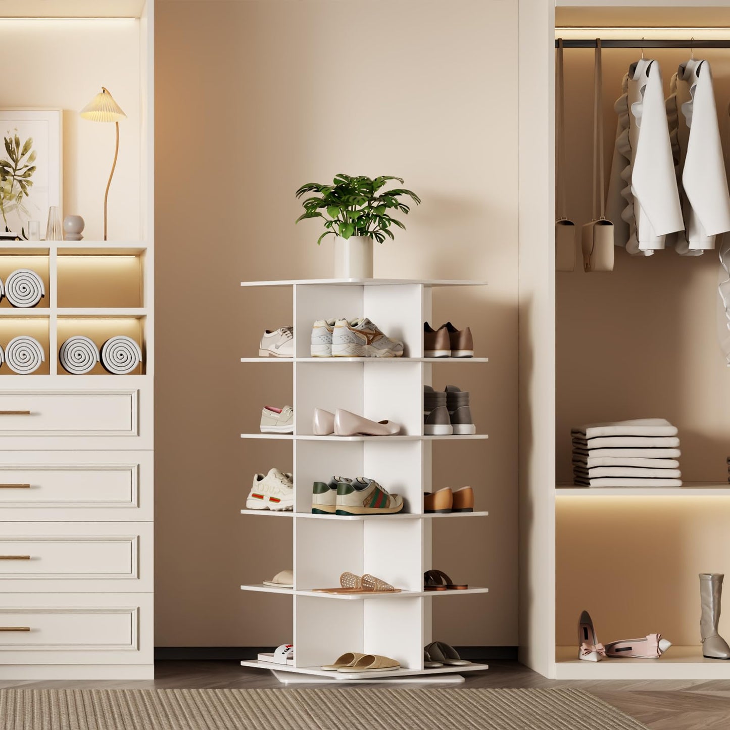 Yuncraft Rotating Shoe Rack Tower, PVC Material Structure, 5-Tier 360° Swivel Lightweight Shoe Organizer, Space-Saving Spinning Shoe Shelf for Entryway, Closet, Bedroom Nook
