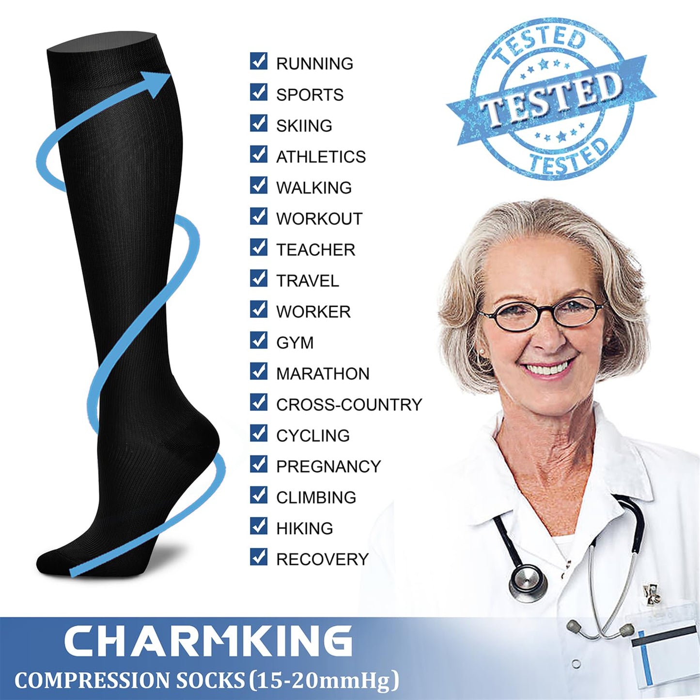 CHARMKING Compression Socks (3 Pairs) - 15-20 mmHg, Athletic Support for Running, Cycling, Travel - Boost Circulation and Performance (Black, S/M)