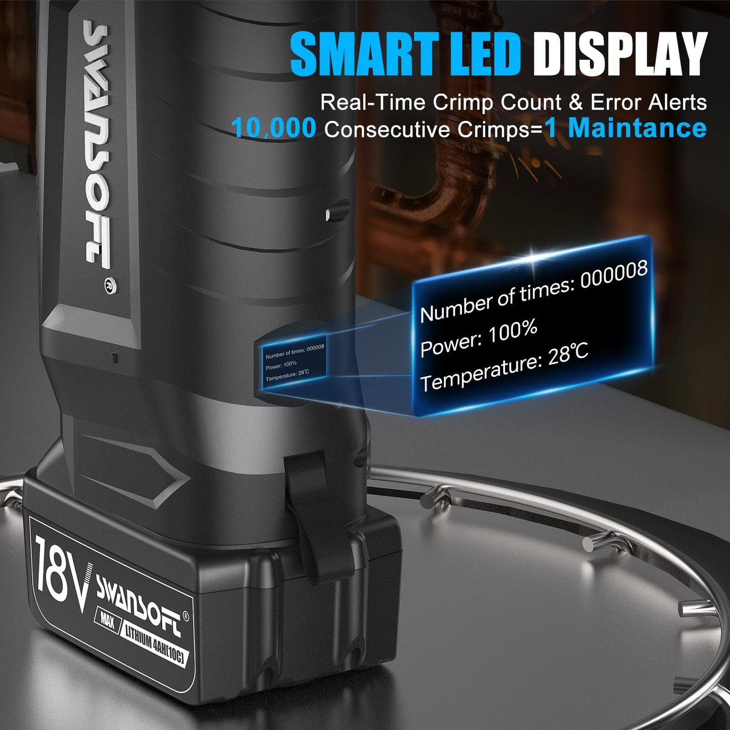 SWANSOFT Pro Press Tool, Copper Pipe Crimping Tool with 18V 4Ah Battery Pro Press Copper Crimper Tool with 4 US Standard Jaws 1/2", 3/4'', 1", 1-1/4", Electric Hydraulic Plumbing Crimping Tool - Blue