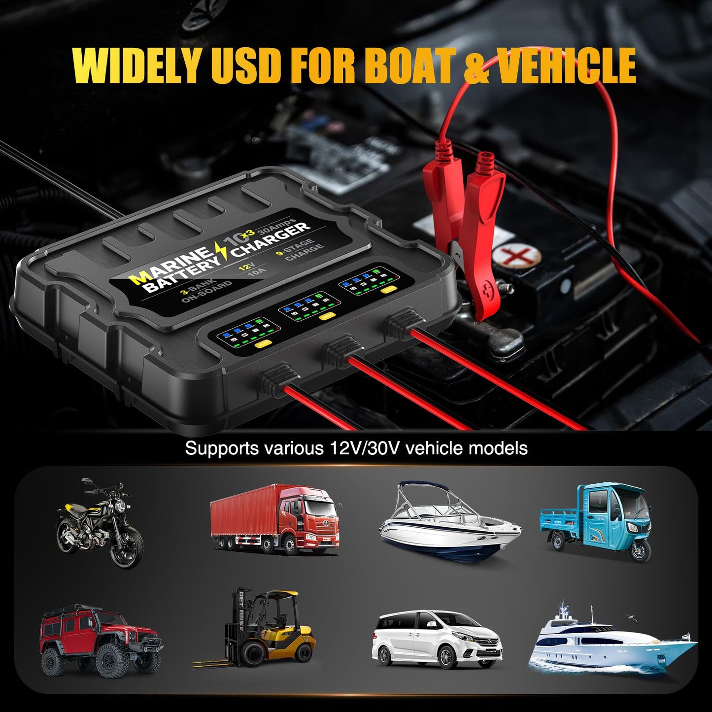 3 Bank Marine Battery Charger 30A (10A/Bank) 10X3, 12V,Waterproof,lifepo4 Boat Battery Charger Maintainer and Desulfator for AGM, Lithium,Deep-Cycle Batteries Boat Accessories