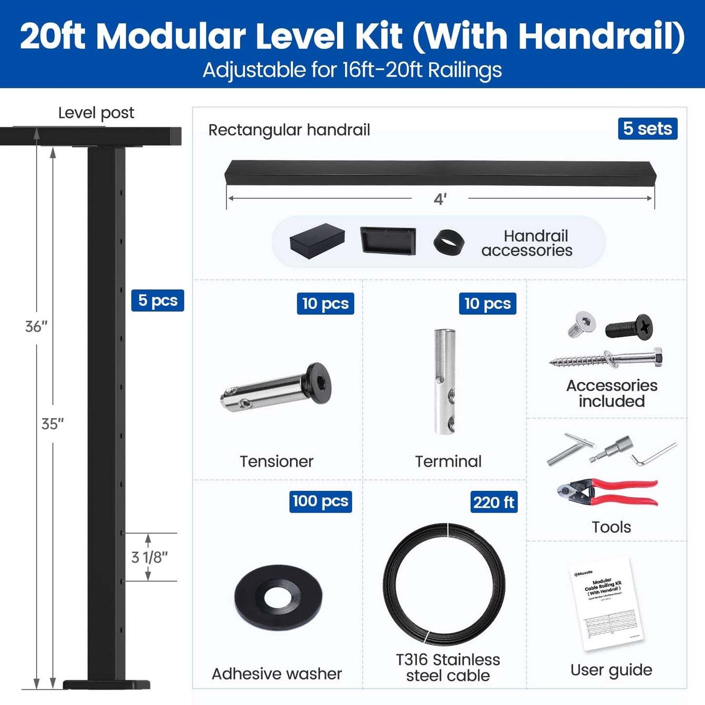 Muzata 16-20FT Modular Black Cable Railing Kit with Handrail 36 Inch 5 Level Post Kit Complete Set Cable Railing System for Decks Length Adjustable Easy DIY with Paper User Guide RW01