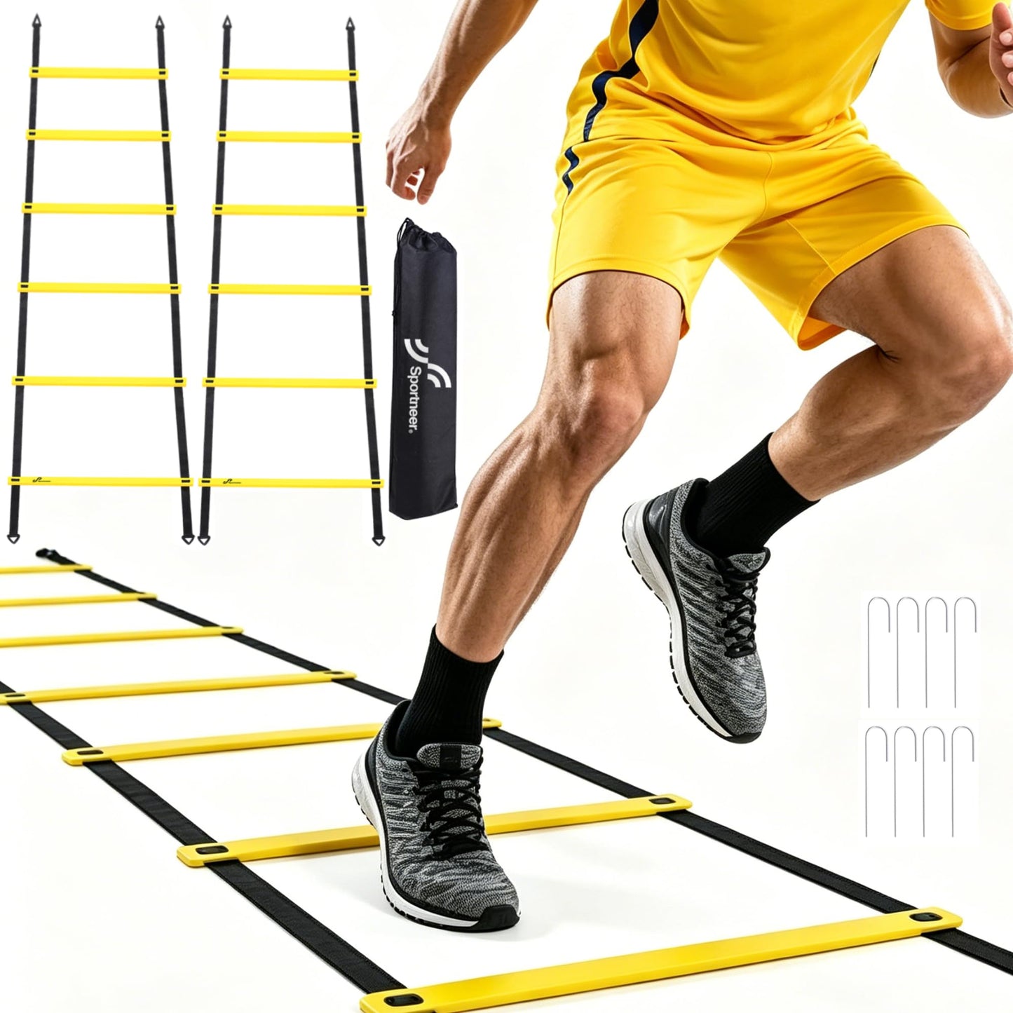 Sportneer Agility Ladder Speed Training Set - 12 Rungs 20ft Detachable Exercise Ladders in 2pcs (6 rungs each) with Ground Stakes for Soccer Football Footwork Training - Ladder with Carry Bag - Yellow