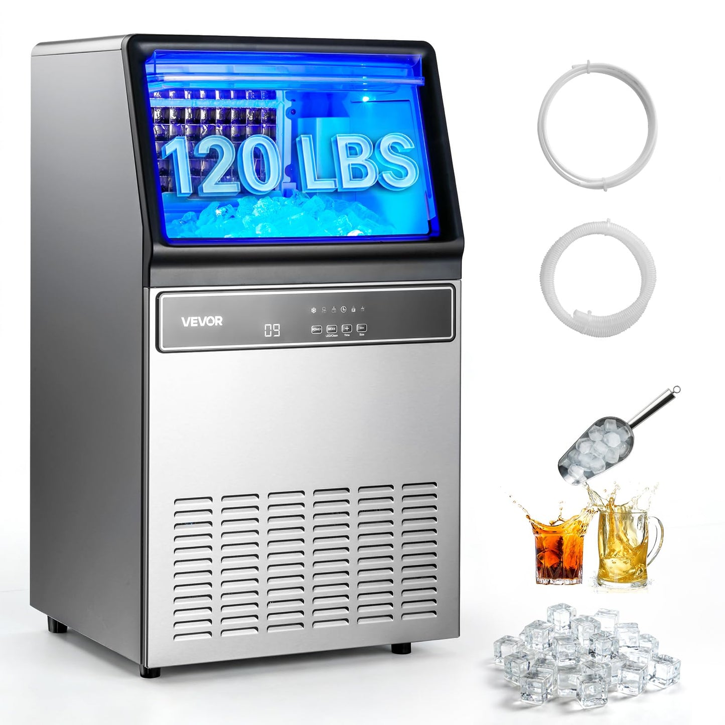 VEVOR Commercial Ice Maker Machine, 120 lbs/24H Ice Production, 33 lbs Storage Bin, 45 Cubes per Cycle, Stainless Steel Under Counter & Freestanding Ice Maker with LED Display, for Home Bar Restaurant