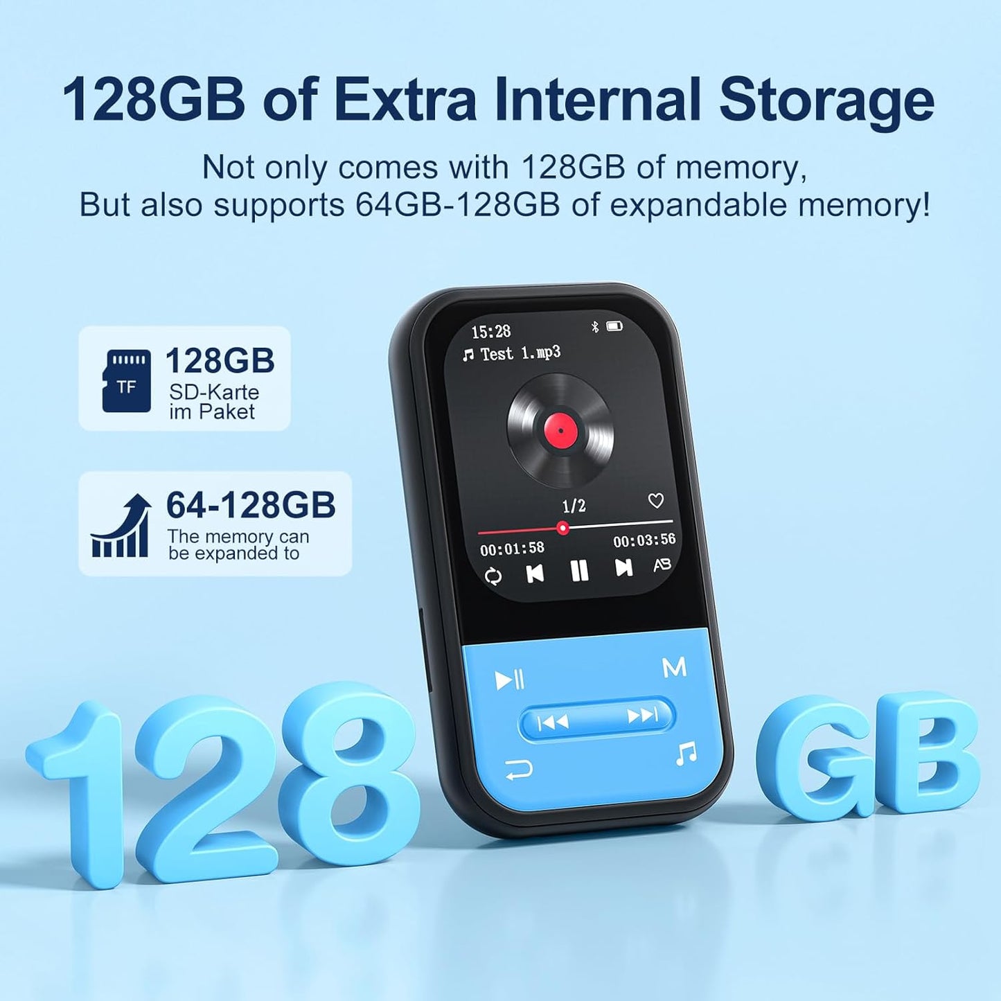 ZAQE 128GB MP3 MP3 5.3, Player - Clip Player with Bluetooth Portable Music Player with FM Radio, Voice Recorder