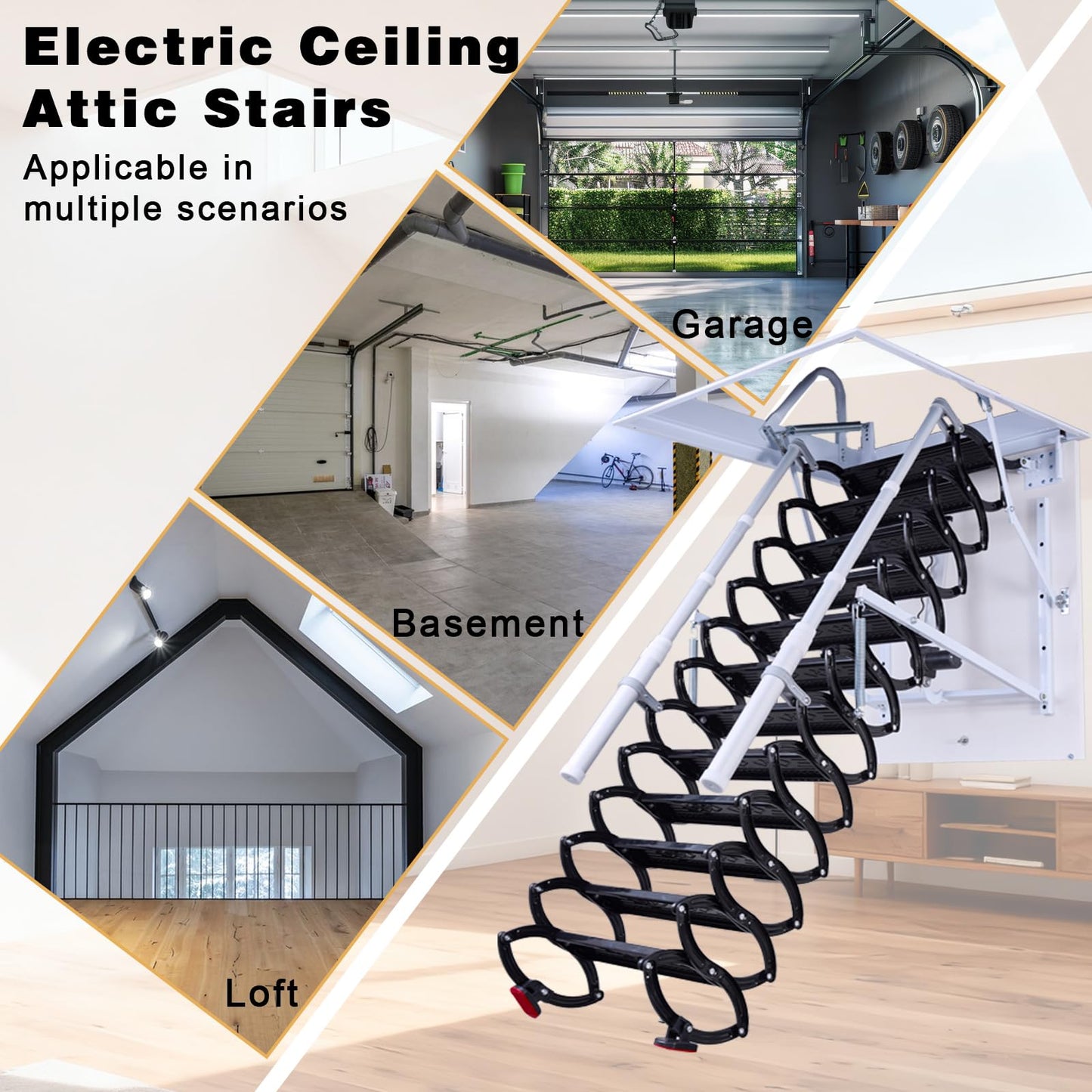 9.8ft Electirc Attic Ceiling Ladder, Pull Down Attics Ladder with Handrails, Folding Retractable Loft Ladders, Invisible Telescoping Attic Stairs, Extension Steps Staircase for Garage, Home, Basement