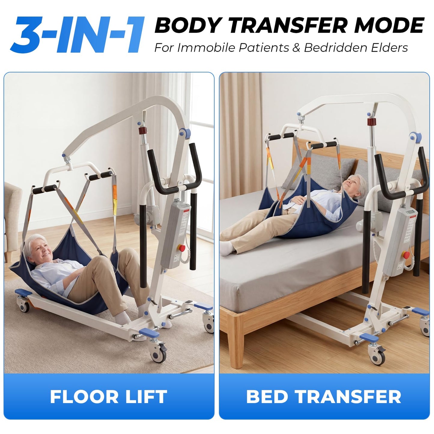 Carearise 3IN1 Electric Patient Lift - Body Transfer & Assisted Walking Mode, Battery Powered Stand Up Lift with 2 Slings, Multi Functional Mobility Aid for Elderly Disabled Home Rehabilitation