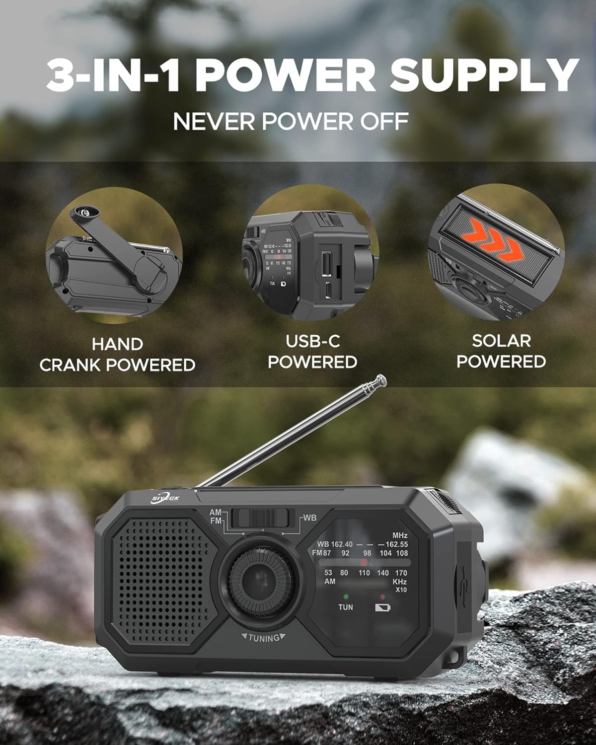 SIYEGK 3500mAh Emergency Weather Radio, Portable AM FM NOAA Radios with Crank SOS Alarm, Pocket Solar Emergency