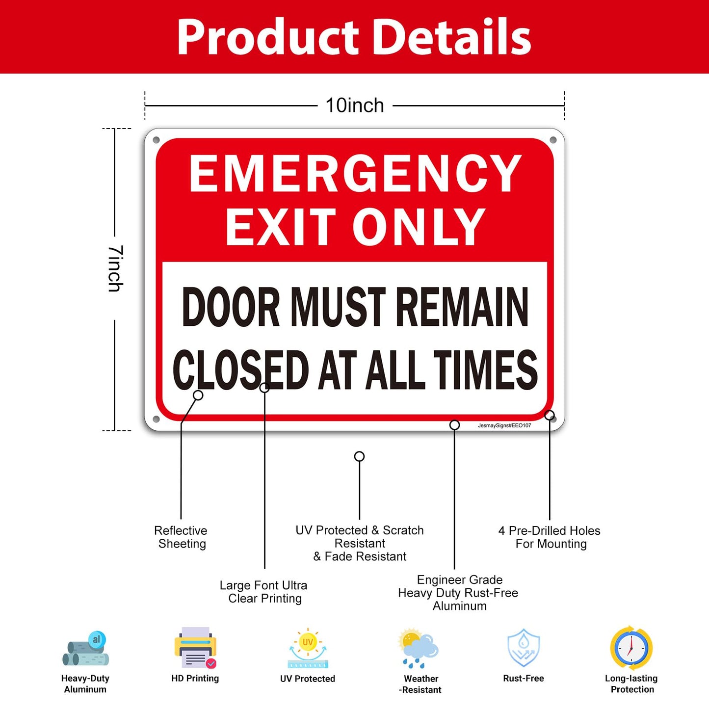 2 Pack Emergency Exit Only - Door Must Remain Closed at All Times Sign, 10"x7" Rust Free Reflective Aluminum, Weather & Fade Resistant, UV Protected, Easy Mounting
