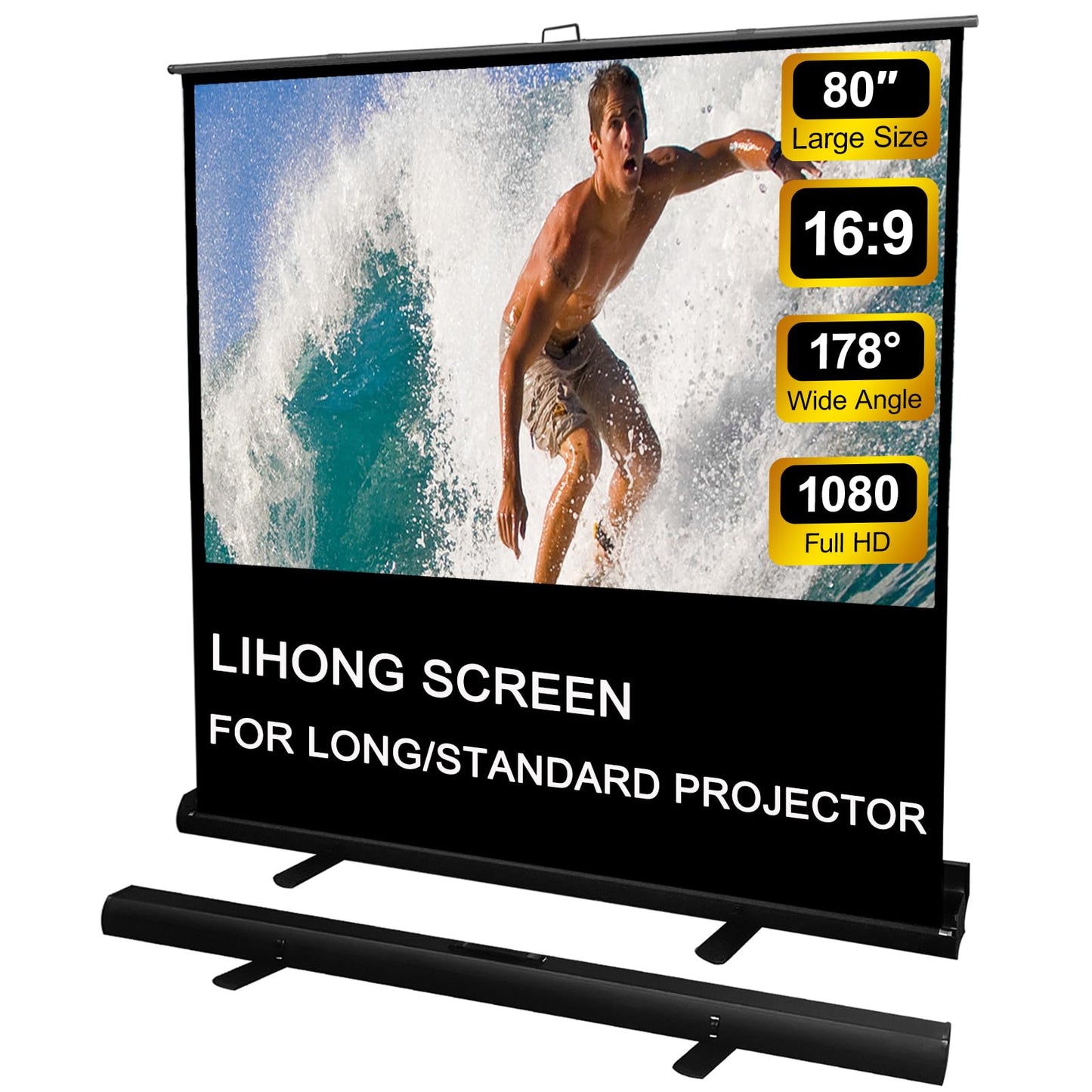 LIHONG Screen 80 inch 16:9 Manual Floor Rising Pull Up Projector Screen Portable Indoor & Outdoor 4K HD Matte White for Long Standard Projection Fast Setup for Home Theater Movies,Classroom,Office