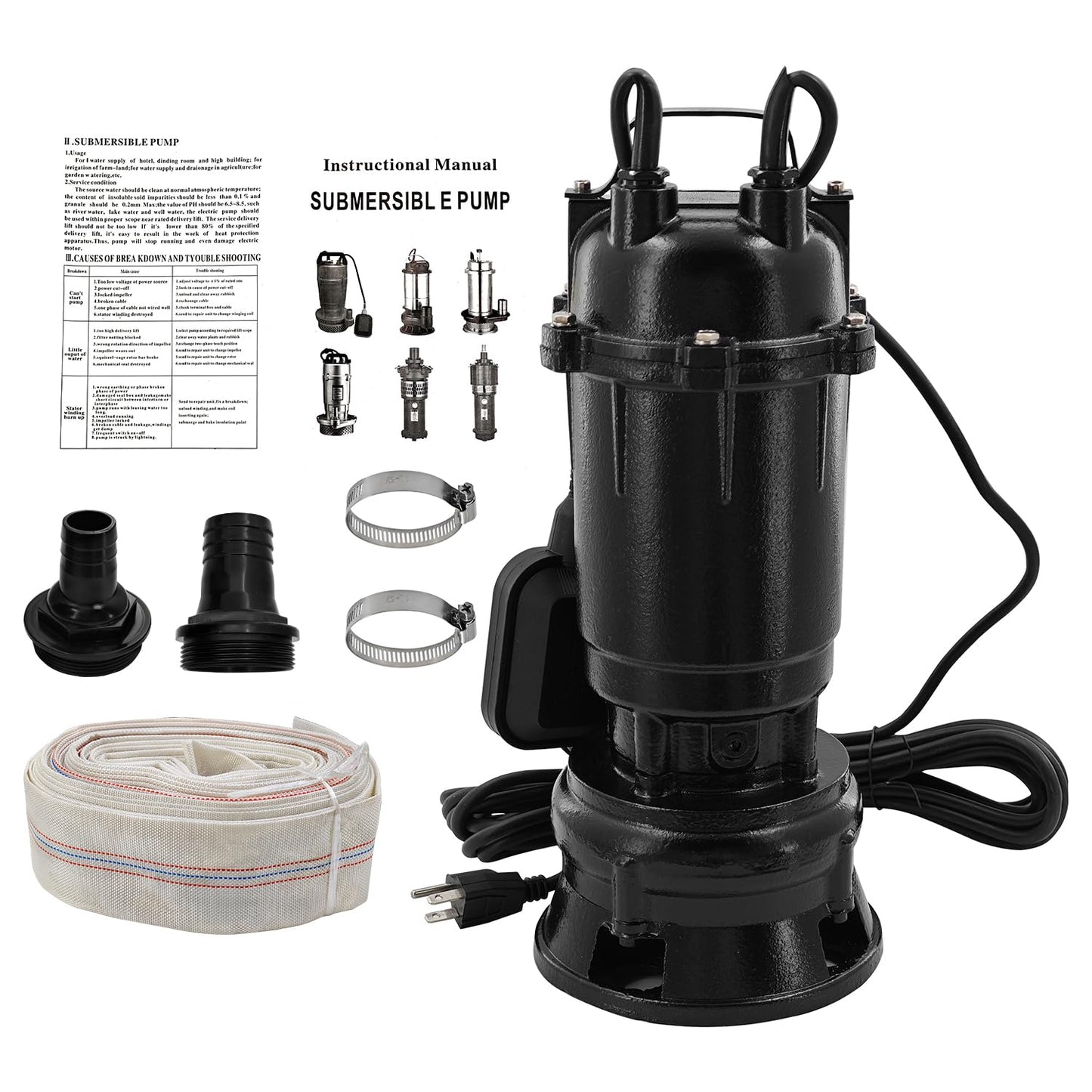 Dewinston 2HP 220V Submersible Sump Pump, 6498GPH Cast Iron Sewage/Effluent Pump 1500w with Automatic Float Switch and 66ft Hose for Sump Basin, Basement, Residential Sewage, 2'' NPT Discharge