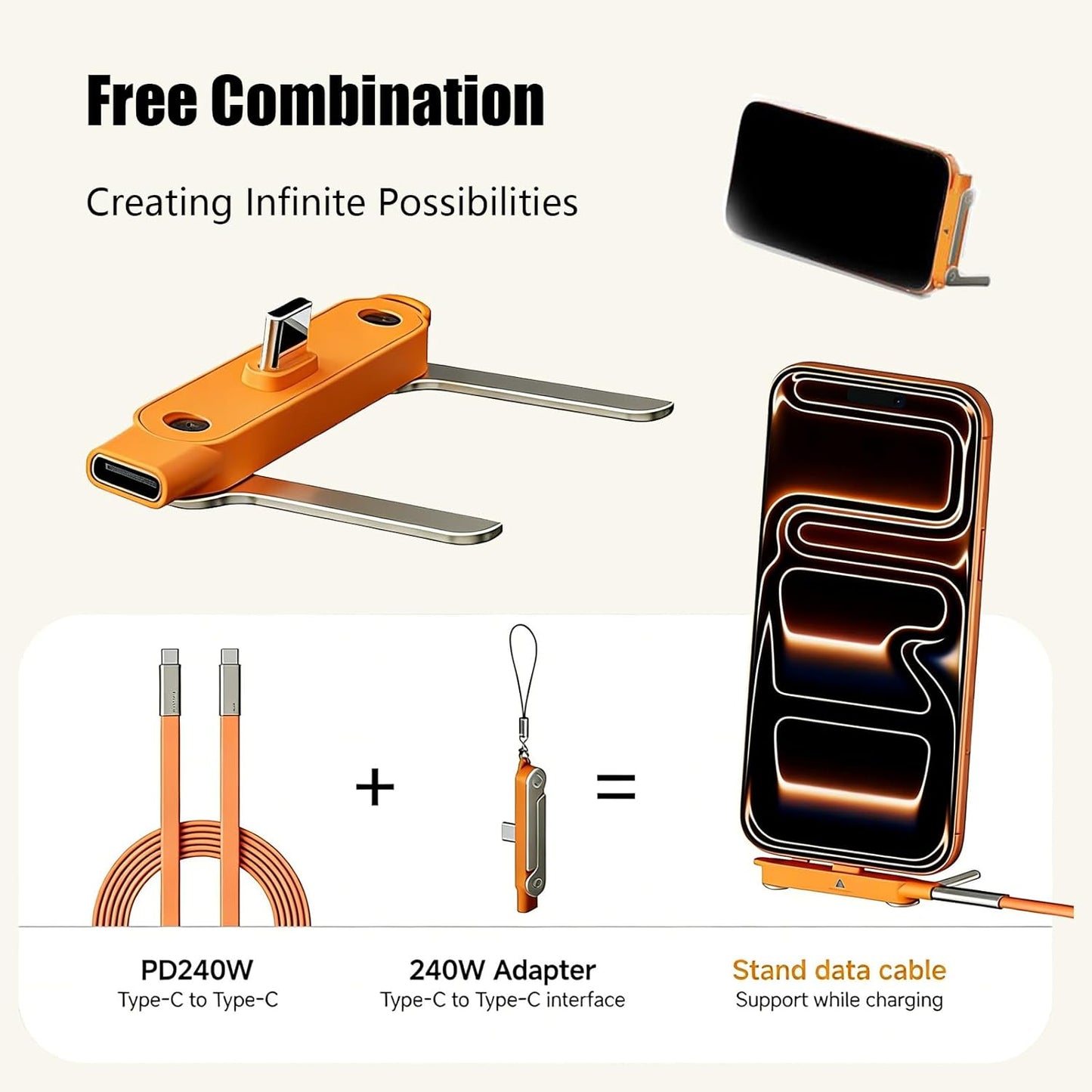 360 0-120 Sideways Phone Stand Detachable Type-C Compatible Stand for Phones & Tablets - Rotation, Tilt(Orange Stand)