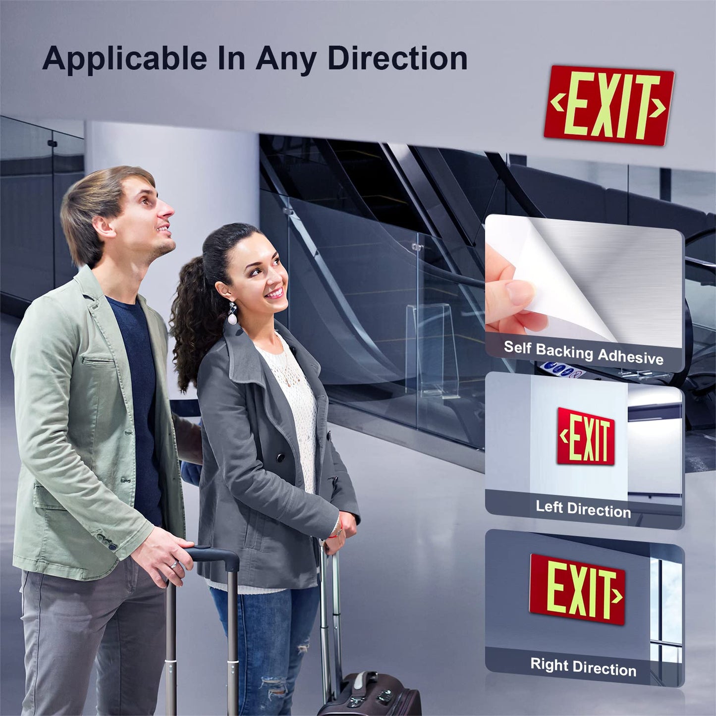 Photoluminescent Exit Sign Aluminum - Adhesive Backing Glow In The Dark - Removable Arrows Included - 12x7 Inches - Non Electrical Red Exit Light For 50 Feet Visibility (2 Pack)