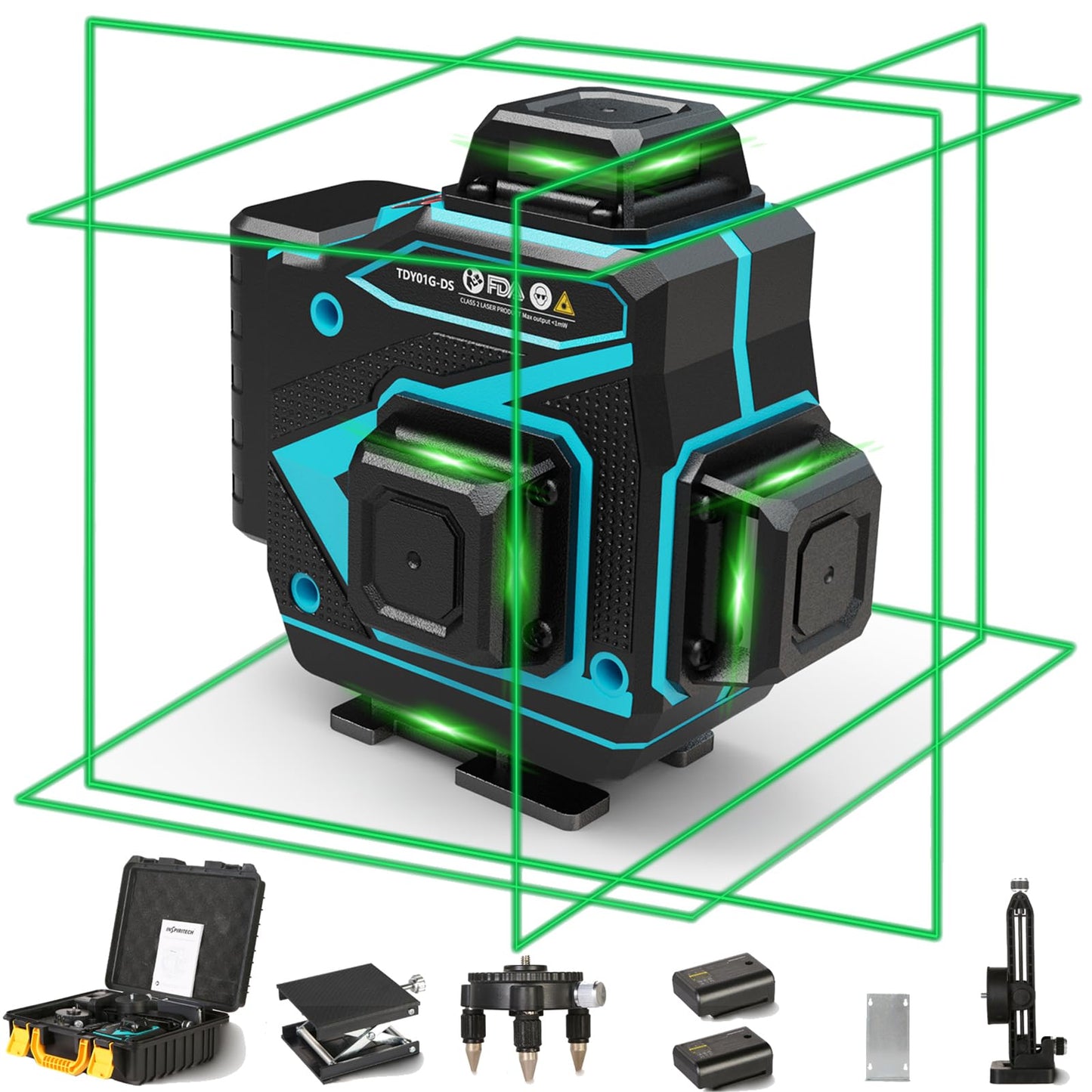 INSPIRITECH Floor Laser Level 360 Self-leveling - Tile 4 x 360 Green Beam Cross Line Laser Leveler Tool - 16 lines 4D Ceiling Nivel Laser for Construction with Hard-Sided Case and 2 Batteries-C
