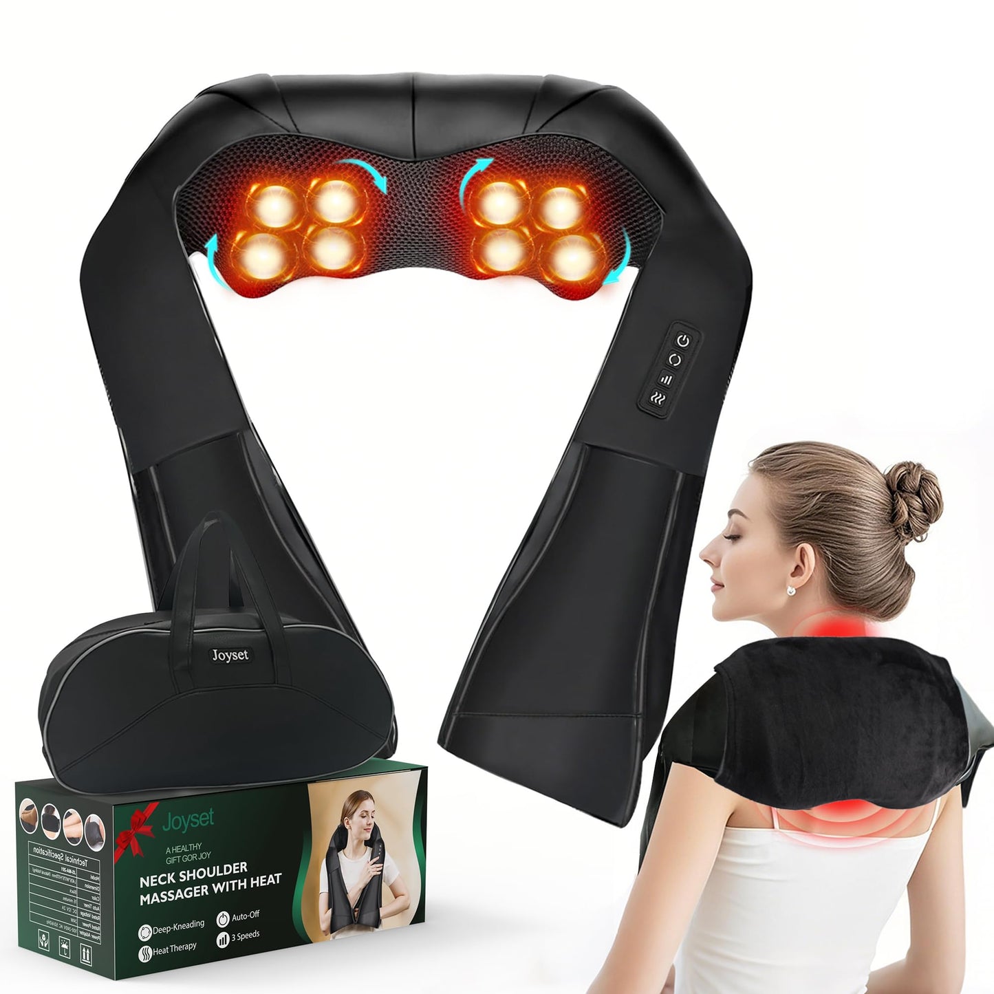 Joyset Shiatsu Neck and Back Massager with Heat,Shoulder Massager for Pain Relief Deep Tissue, 3D Kneading Massage with Cloth Cover,Carry Bag,Best Gifts for Men Women Parents