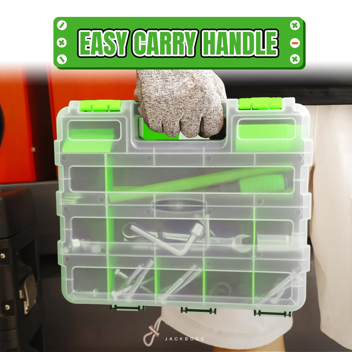 Jack Boss Tool Box with Transparent Lid, Double Side 34-Compartments Organizer Box with Removable Dividers for Hardware, Screws, Bolts, Nails, Beads, Jewelry and Fishing Accessories, Green, 2 Pack