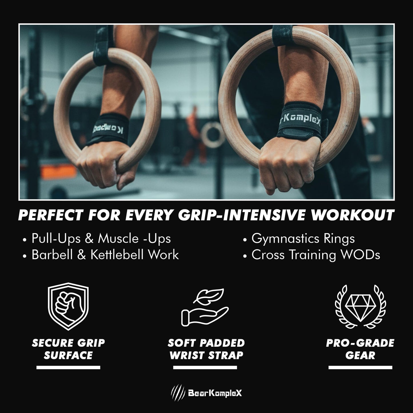 Bear KompleX - Cross Training Hand Grips for Weight Lifting, Gymnastics, and Pull Ups - Lightweight and High Performance Powerlifting Grips for Men and Women - No Hole Design, Black Diamond