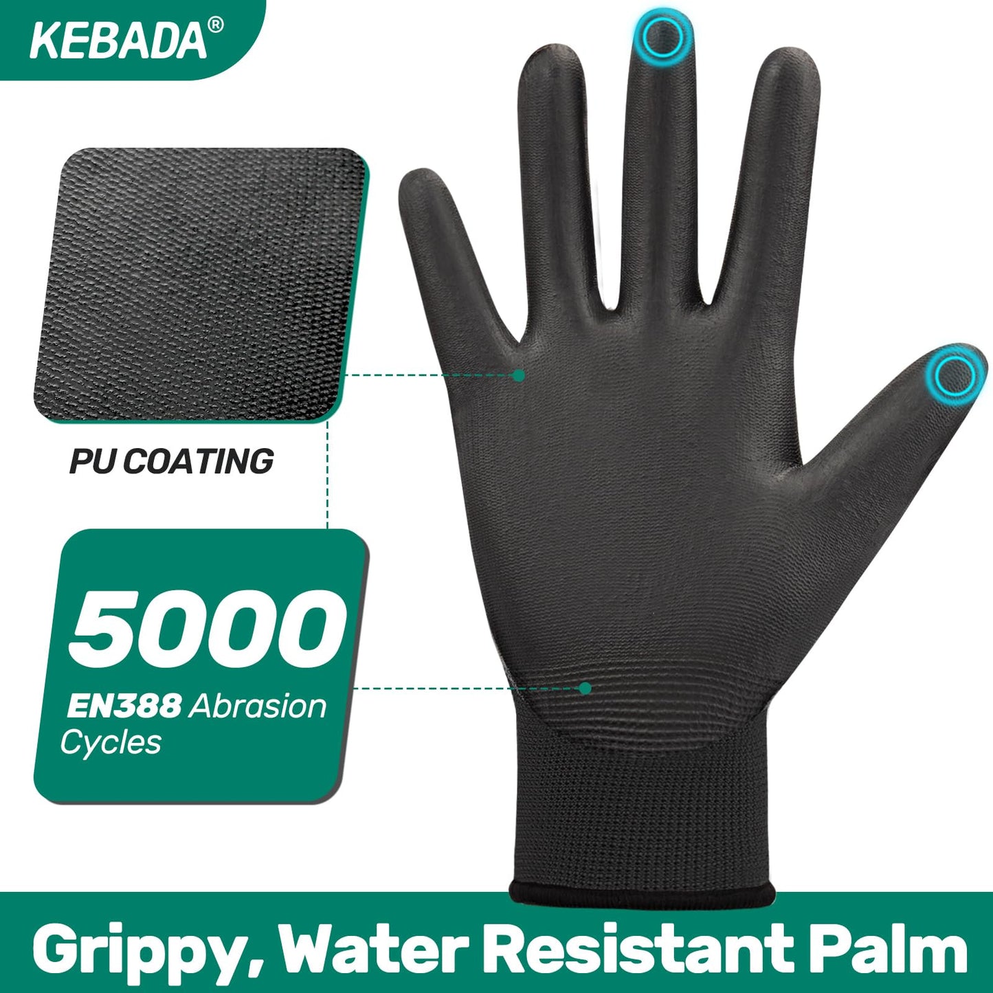 Kebada Safety Work Gloves,120 Pairs Bulk Pack, Touchscreen, PU Coated, Ideal for Warehouse, Construction, Gardening and Mechanics, Black, X-Large
