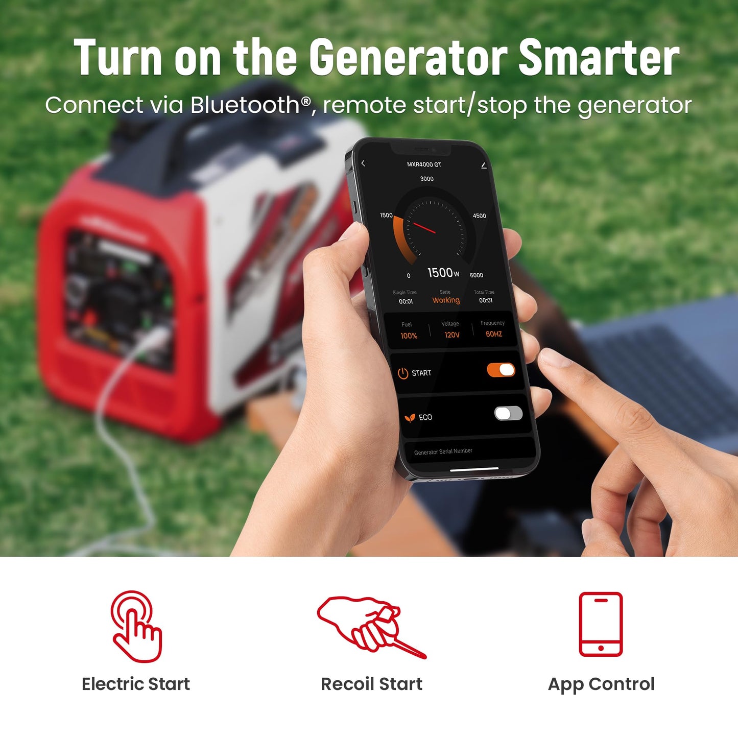 maXpeedingrods 4000 Watt Dual Fuel Inverter Generator with Bluetooth® Control Start and Display, RV Ready, Electric Start, Quiet for Outdoor Camping, Home Backup, Garden，PGMA Compliant