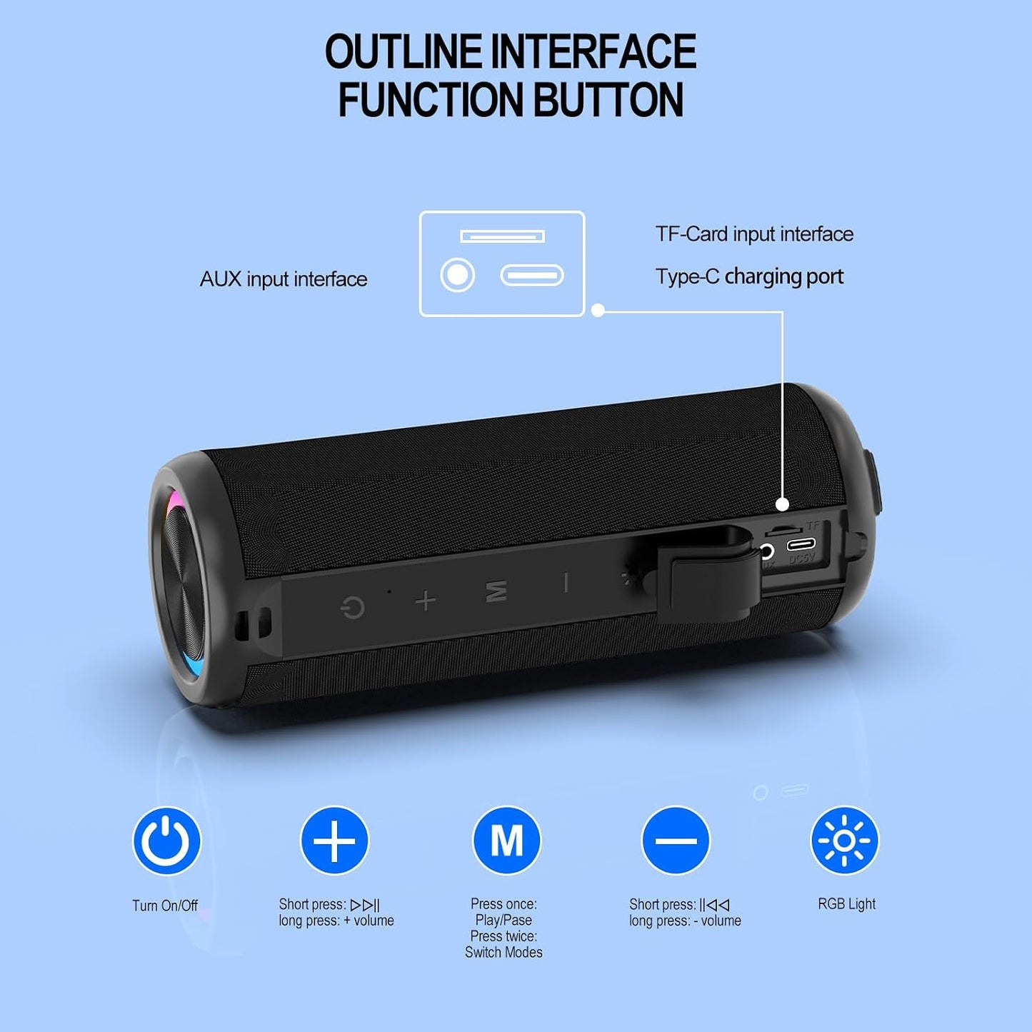 CofunKool 16W 5.4, 3600mAh IPX55 Portable Speaker with RGB Lights, Clear Stereo Loud Sound, AUX Input TF Card Slot