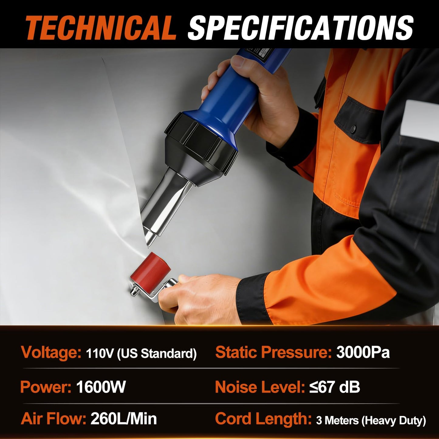 Hot Air Gun PVC Heat Gun Hand Held Plastic Welder heating gun 110V 1600W, Vinyl Welding Handheld Plastic Hot Air Heat Gun Welding Torch with Various Rollers & Stainless Steel Nozzles