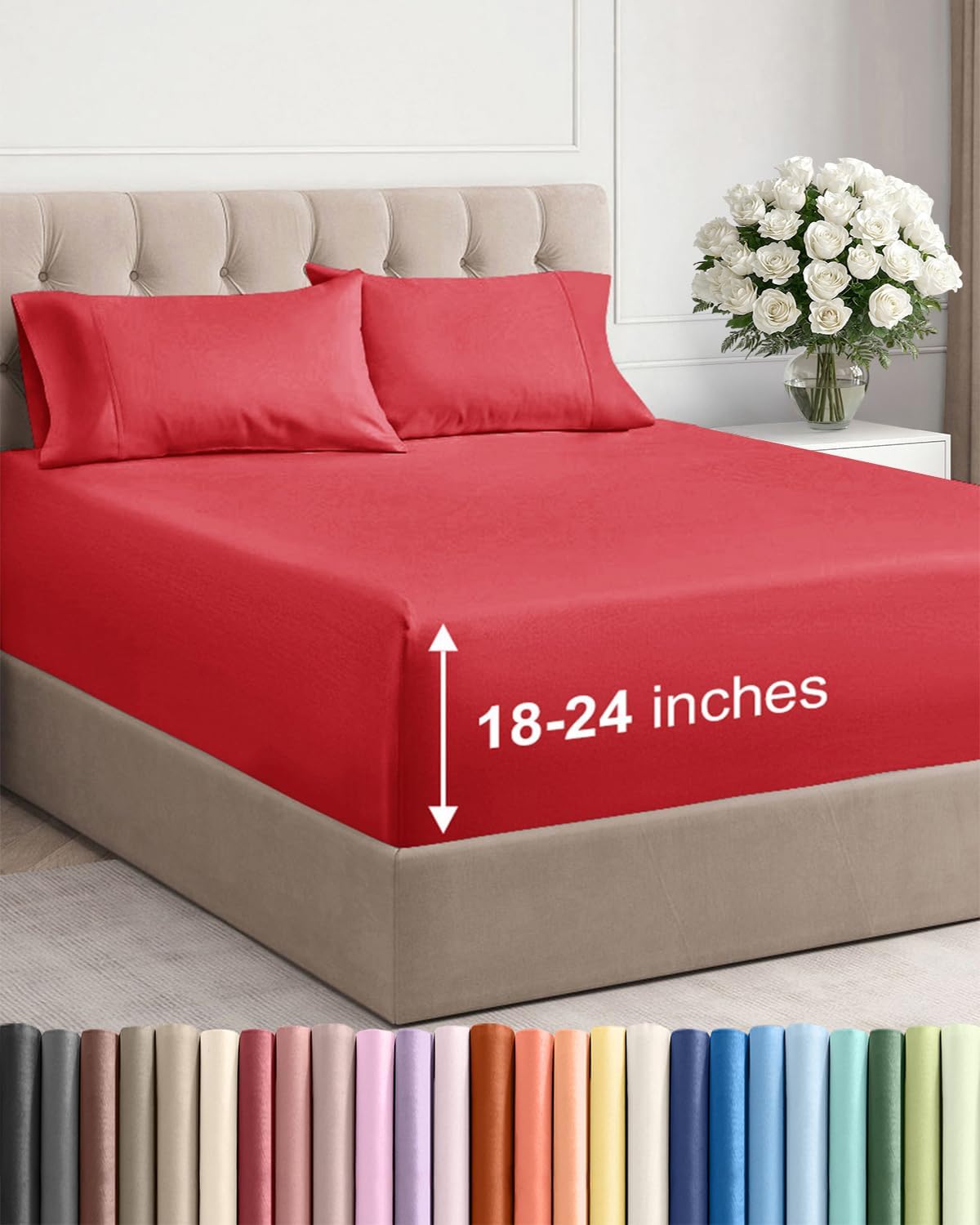 Skiennix Extra Deep Twin XL Sheet Set - 4 Piece Breathable Cooling Bedding - Soft Wrinkle-Free Red