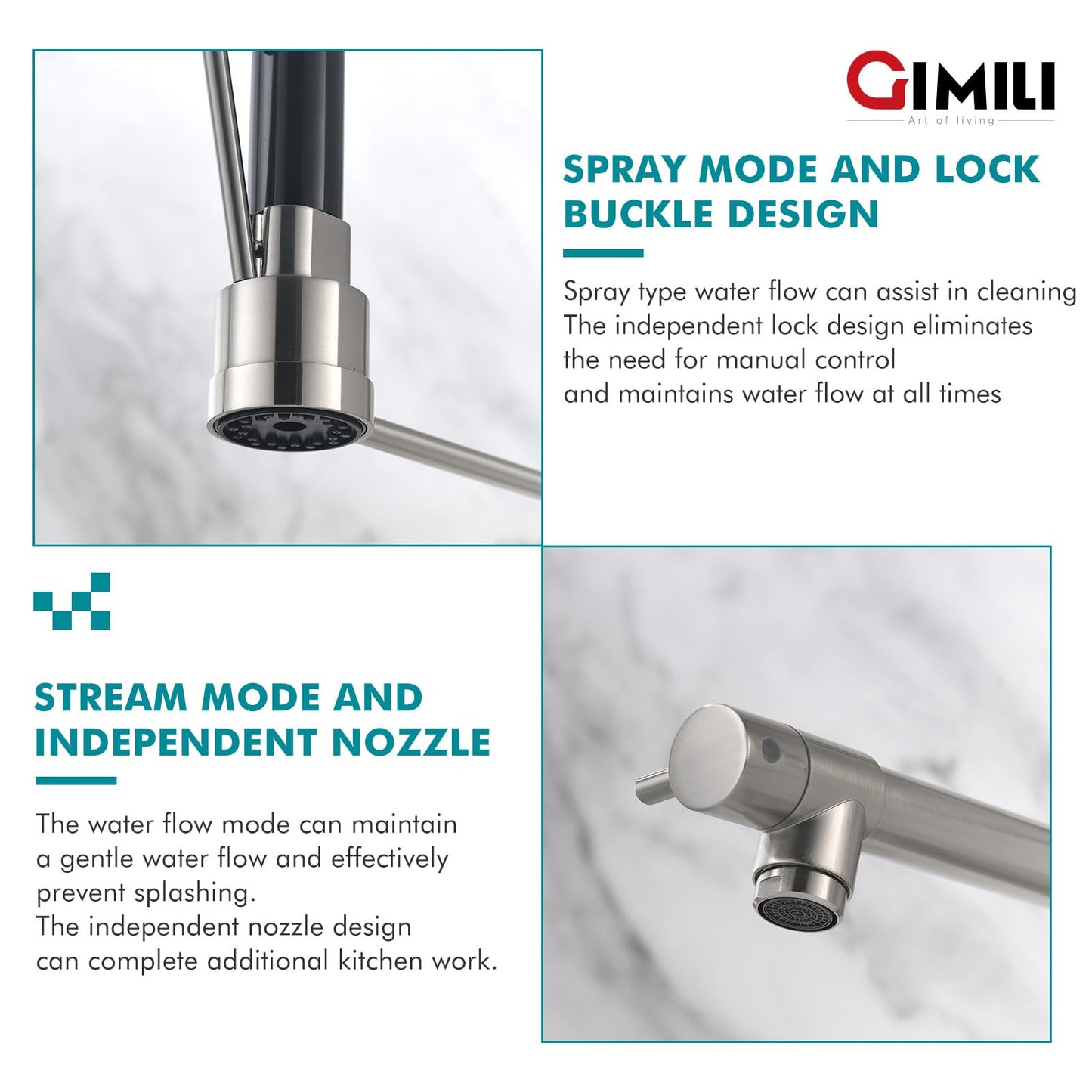GIMILI Kitchen Faucet with Soap Dispenser Commercial Kitchen Faucet with Pull Down Sprayer Double-Headed Single Handle Spring Stainless Steel Brushed Nickel Kitchen Sink Faucet