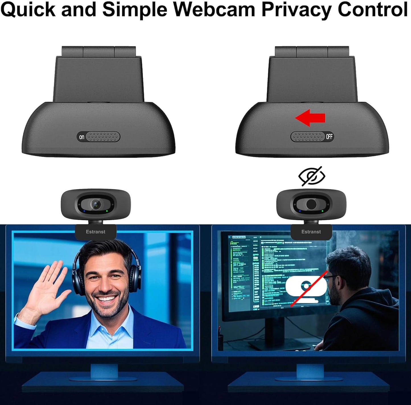 Estranst 2K 1pc Quad HD Webcam with Privacy Cover & Noise-Canceling Microphone, Video Web Streaming Camera for PC
