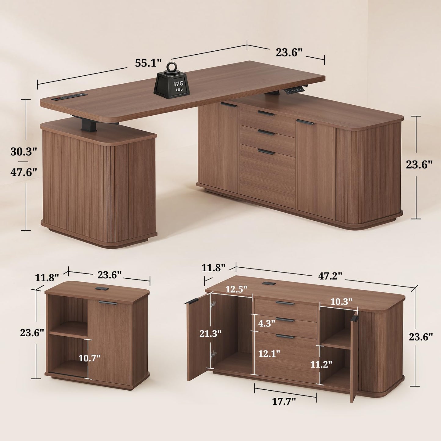 L Shaped Electric Standing Desk, 55.1" x 47.2" Height Adjustable Office Executive Desk with File Drawer & Sliding Door, Standing Computer Desks with Power Outlet & Cabinets, for Home Office, Walnut