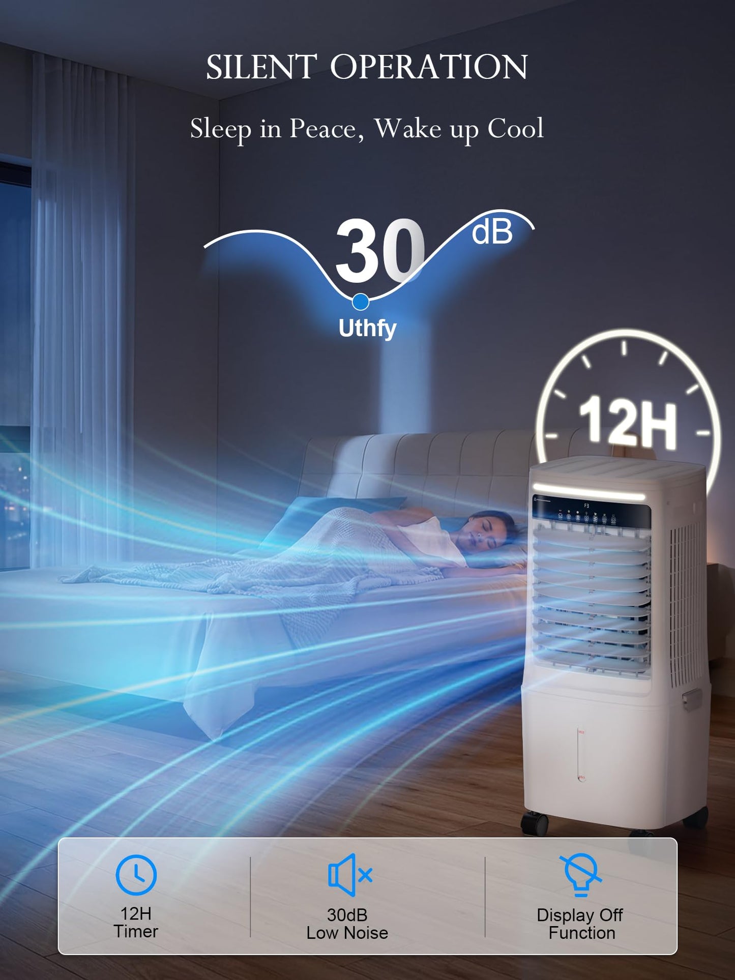 Uthfy 2200CFM Swamp Cooler Air Conditioner, Evaporative Cooler with Dual Water Tanks for 24H Cooling, 120° Oscillating, Ambient Light, 7 GAL Detachable Water Tank, 12H Timer, Portable AC for Bedroom